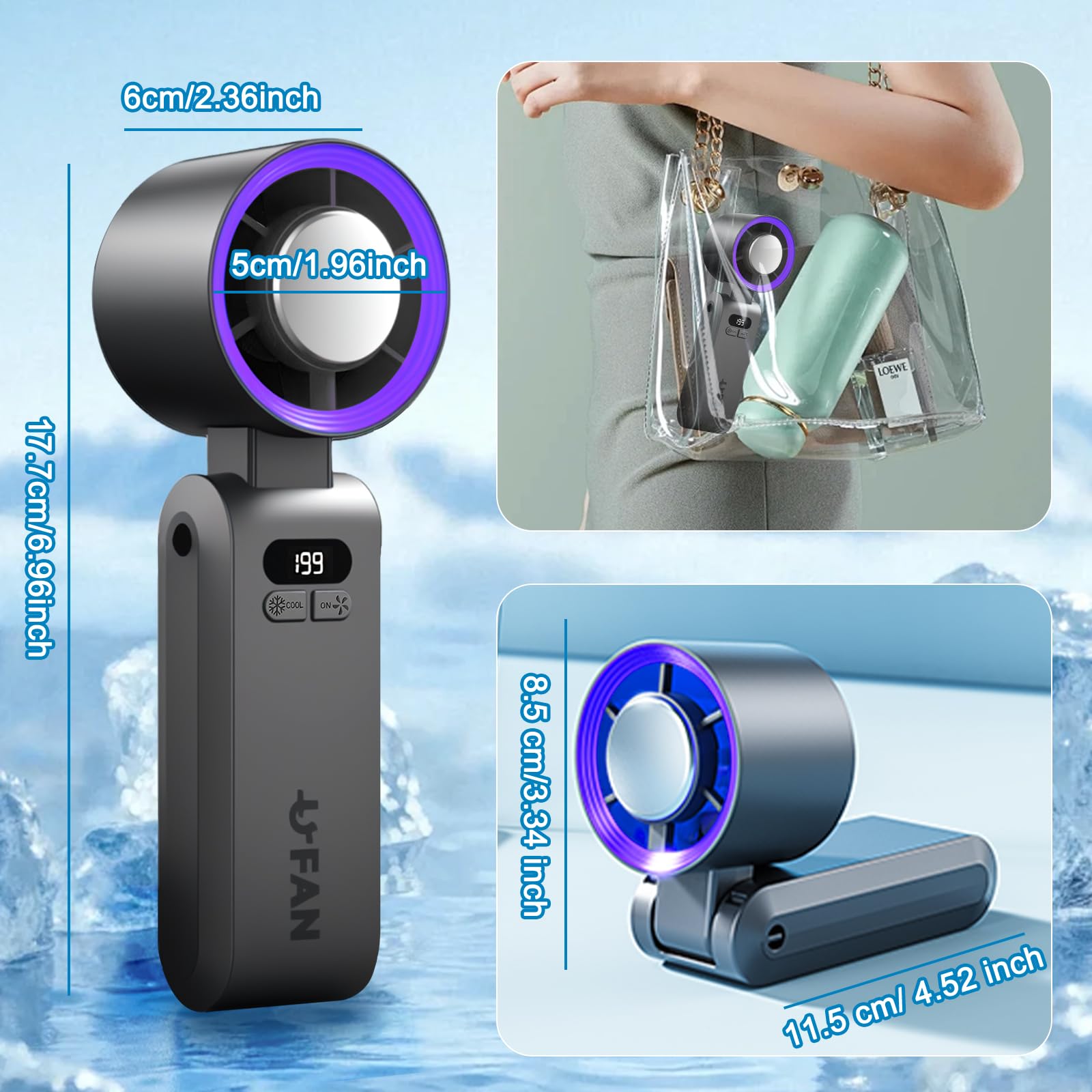 Mini Ventilador de Mano Portatil,Función de refrigeración,5000 mAh,Flujo de Aire Potente de 10 m/s(1-199 velocidad),Ventilador de Cuello Pequeño Plegable USB para Camping,Viajes,Hogar,Oficina