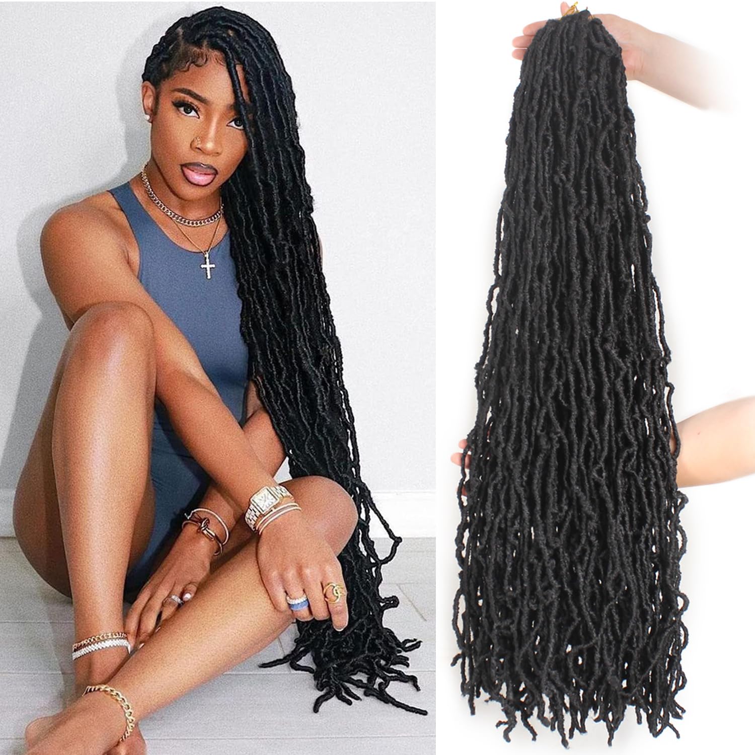 Xtrend 7 Packs 30 Pouces Nu Faux Locs Crochet Cheveux Longs Brun Foncé Pré-bouclé Déesse Faux Locs Tresses Extensions de Cheveux 1B