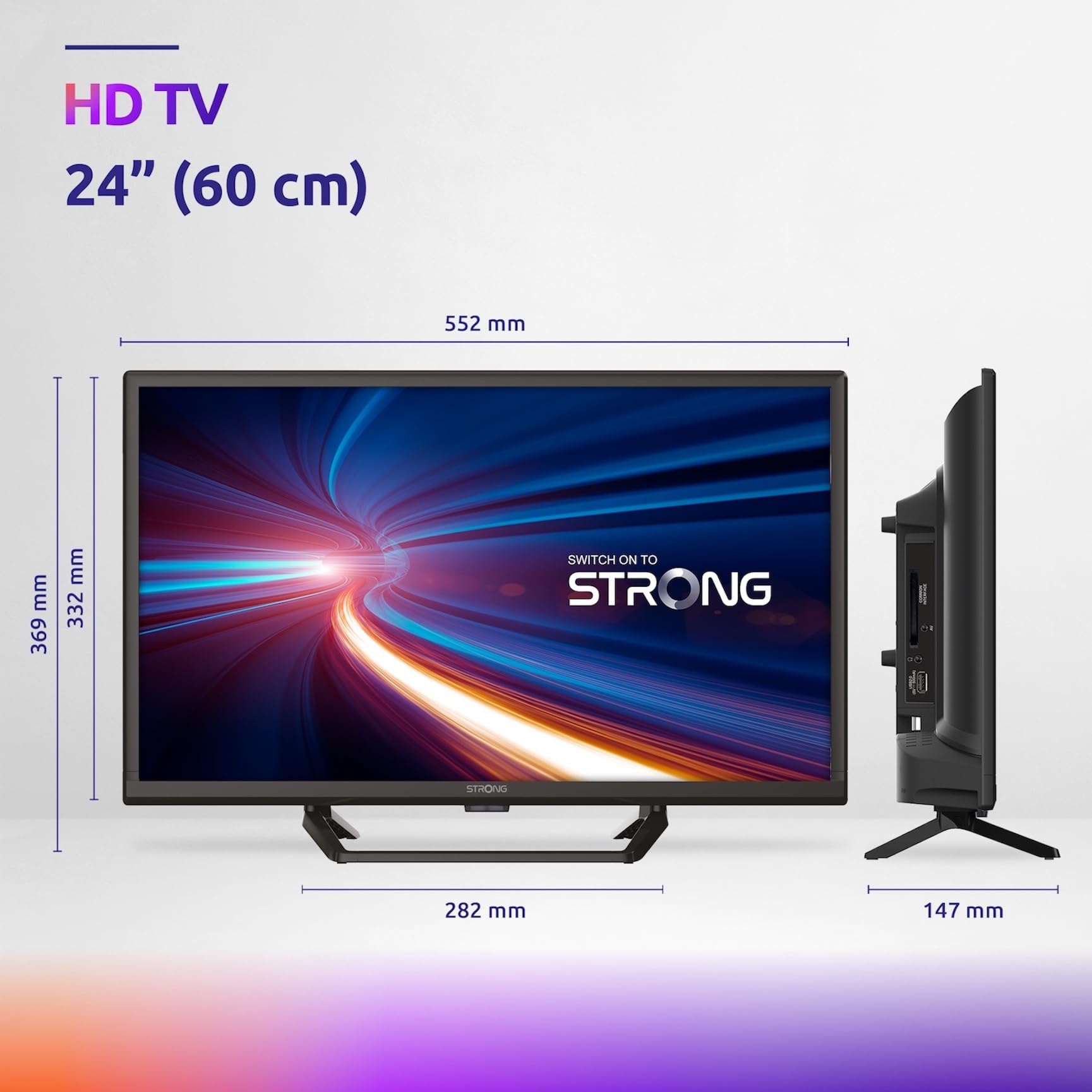 STRONG - TV HD 24" (60 cm) SRT24HE4023C - 12 V ideale per roulotte, camper - Triplo sintonizzatore integrato - 2 porte HDMI (1 ARC) + 1 porta USB + Mini-AV + presa per antenna/satellitare - Nero