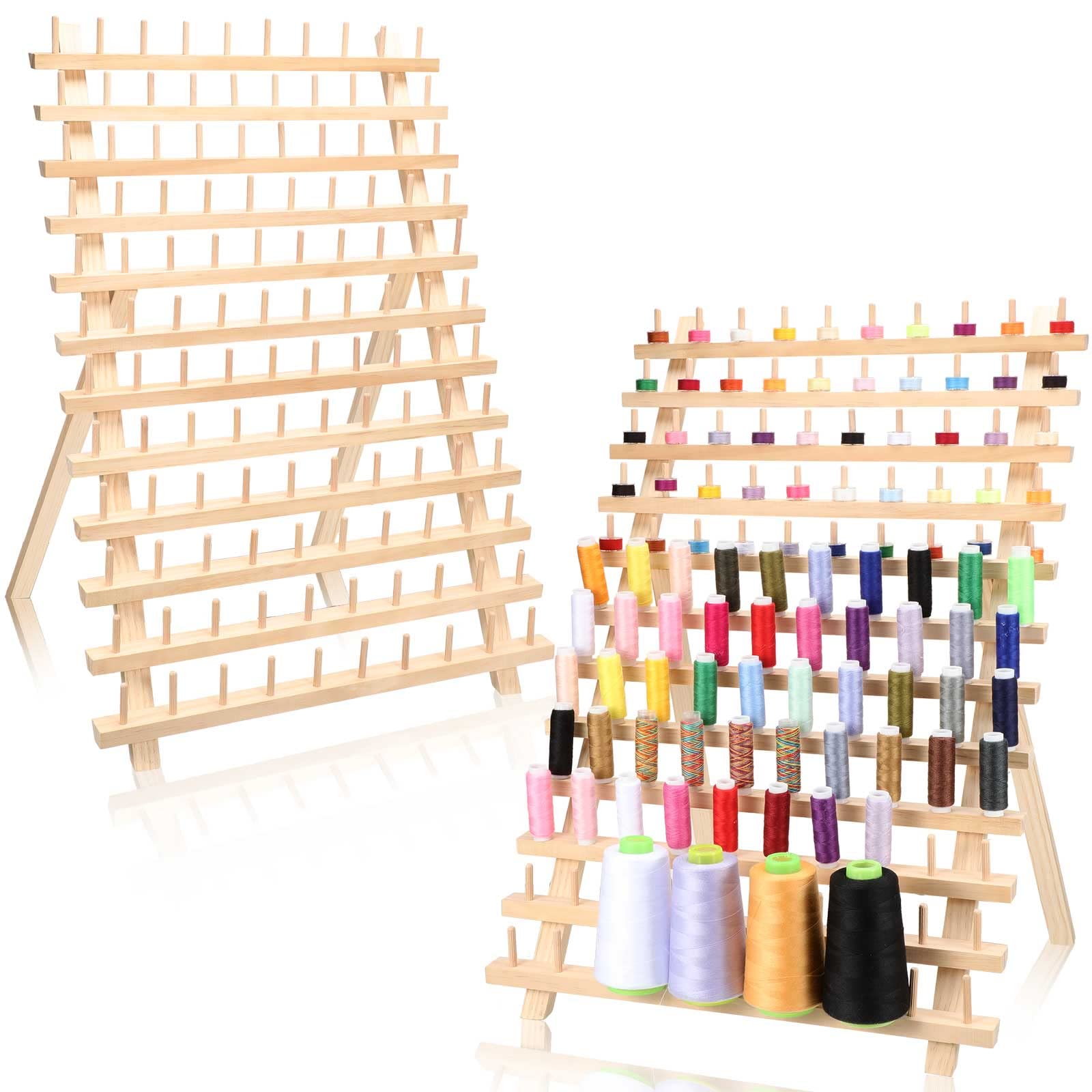 Geelin 2 Pack 120 Spools Wooden Thread Rack Sewing and Embroidery Thread Holder Thread Organizer Freestanding or Wall Mounted Spool Hair Rack for Braiding Hair