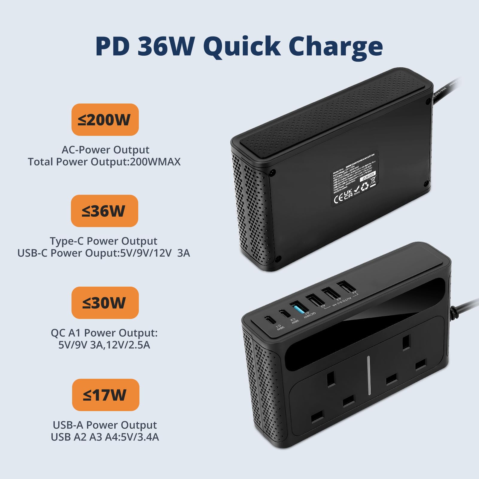 8 in 1 200W Car Power Inverter with 2 Sockets, 4 USB Ports and 2 Type-C Ports,Car Charger Adapter Convert 12V to 240V 230V AC Auto Power Inverter for Camping Van Caravan — view 6