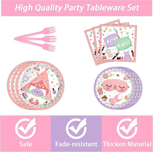 Miniatura 4 de Juego de vajilla para fiesta de cumpleaños de pijamas, sirve 24 platos de papel desechables de 7 pulgadas, platos de papel de 9 pulgadas,