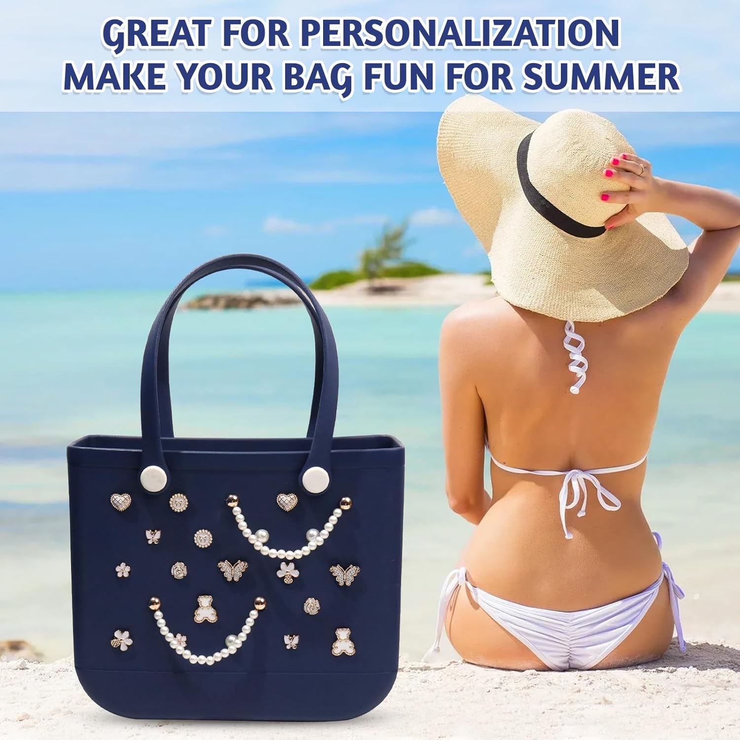 22 Pcs Beach Charms for Bogg Bag DIY Accessories Bear Flower Love Pearl Chain Charm Cute Decoration Bag Charms for Bogg Bags Rubber Tote Beach Bags for Women - Image 5