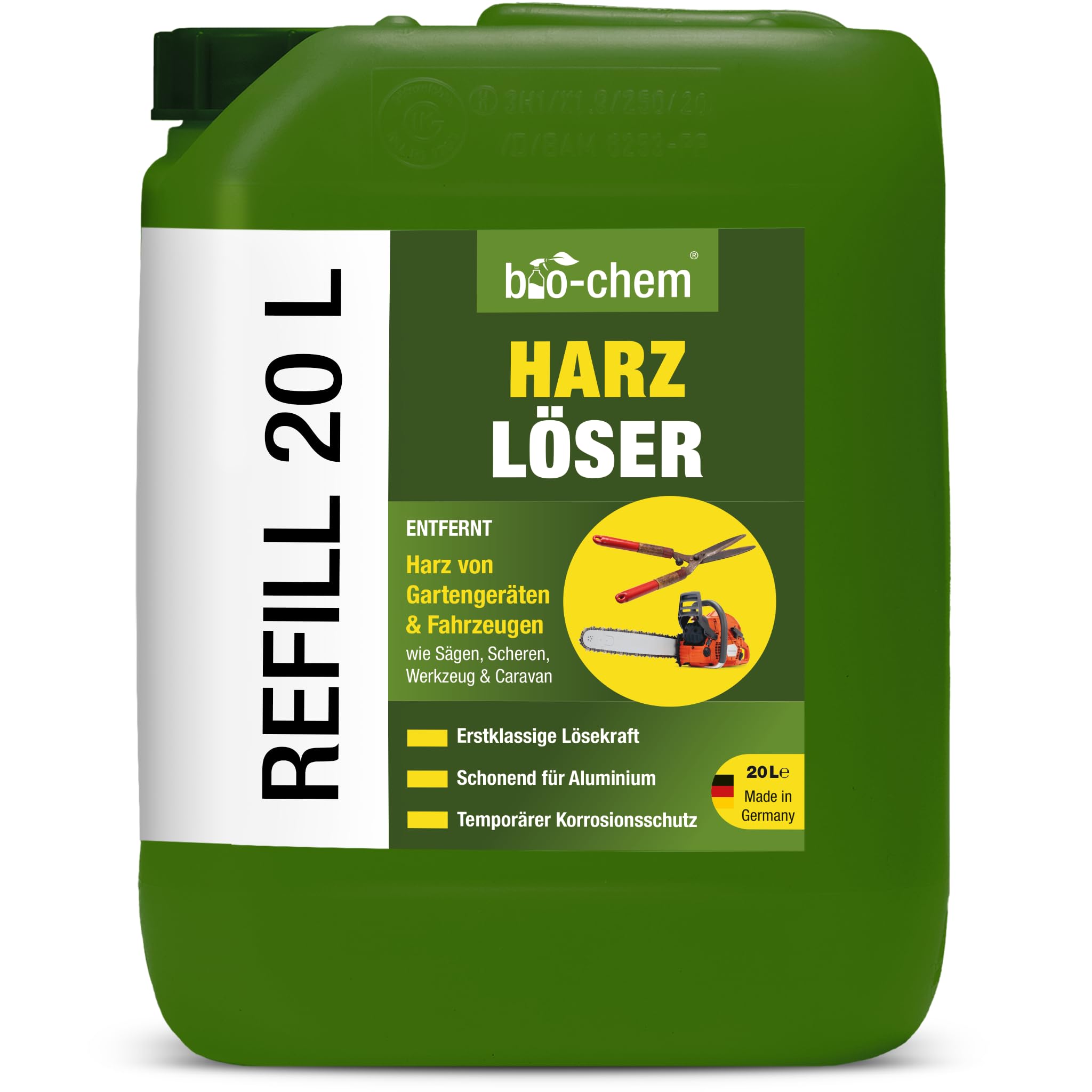Bio-Chem Limpiador de Resina Natural 20L | Producto de cuidado para cortasetos, motosierras y herramientas de jardín - Fórmula alta eficacia – Spray antiincrustaciones