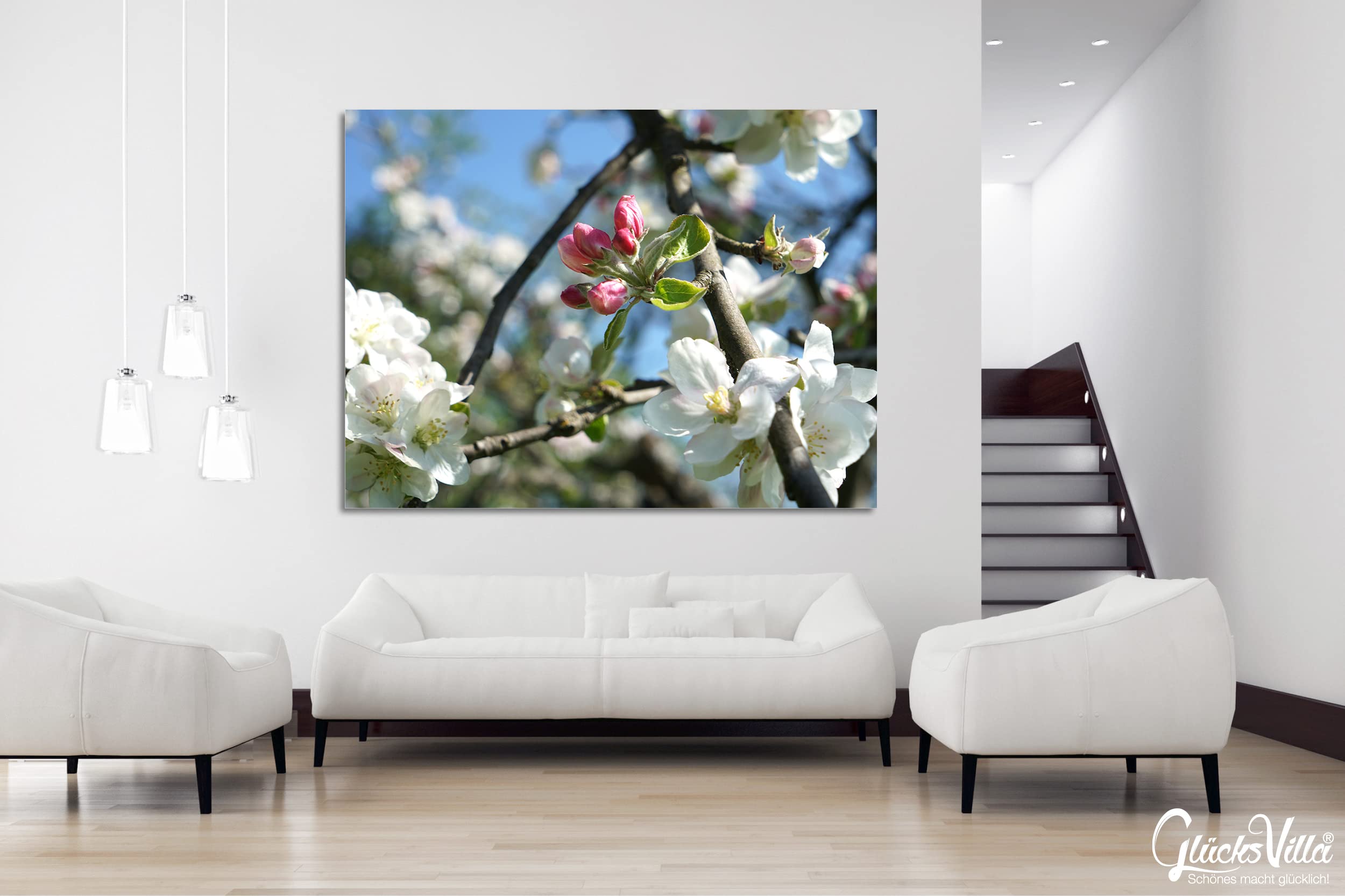Glücksvilla - Fioritura dei meli 4 (tela 2 cm, 160 x 120 cm) | varie misure - quadro murale orizzontale - giardino fiori fioritura pianta natura botanica albero ramo ciliegia