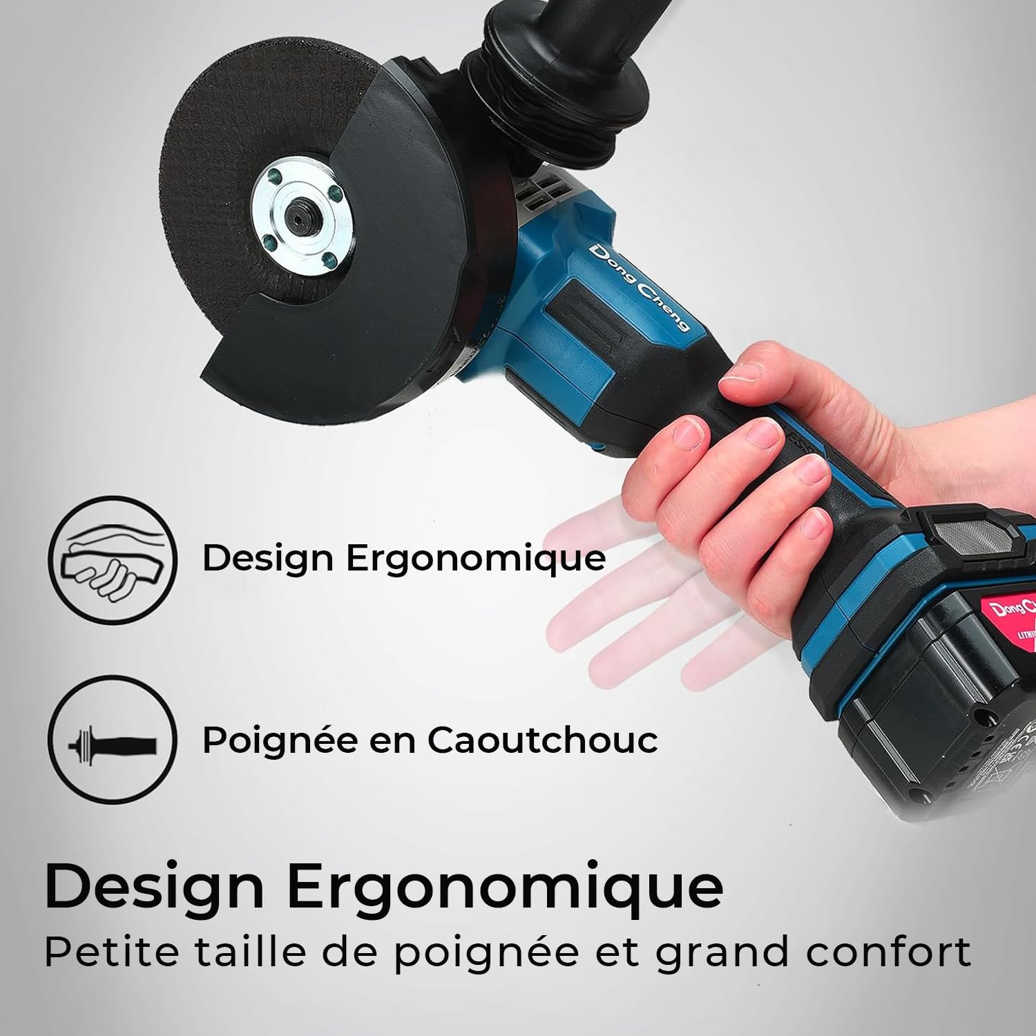 DongCheng Meuleuse d'angle sans fil 18 V, Disqueuse 125 mm, 630 W, profondeur de coupe 33 mm, Meuleuse augulaire sans balais Poignée anti-vibration, Meuleuse sans fil avec batterie 4.0Ah