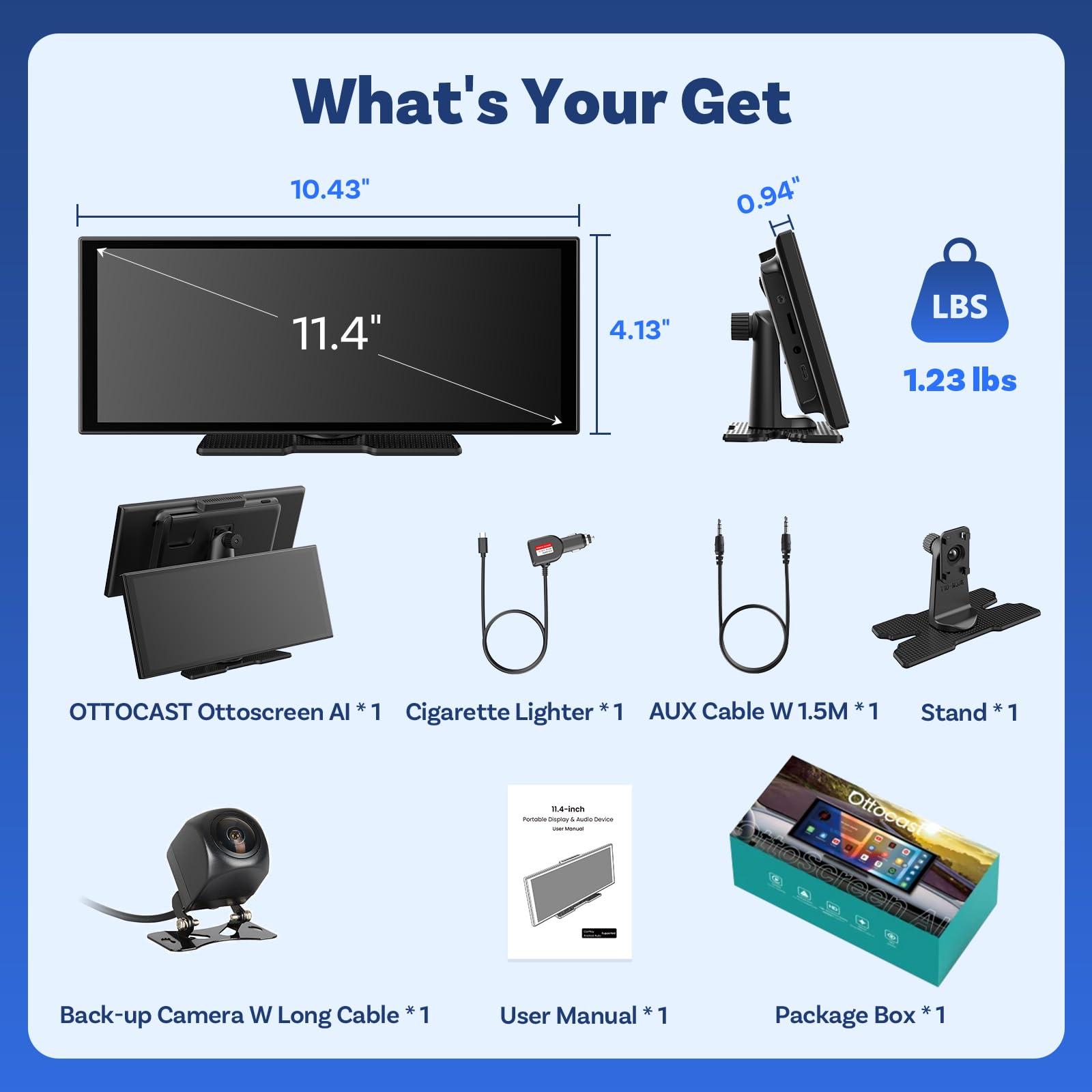OTTOCAST Ottoscreen AI, Wireless CarPlay Android Auto Display 11,4 Pollici Schermo per Auto Car Play con Telecamera di Retromarcia, con Navigazione Bluetooth FM, Android 15 OS