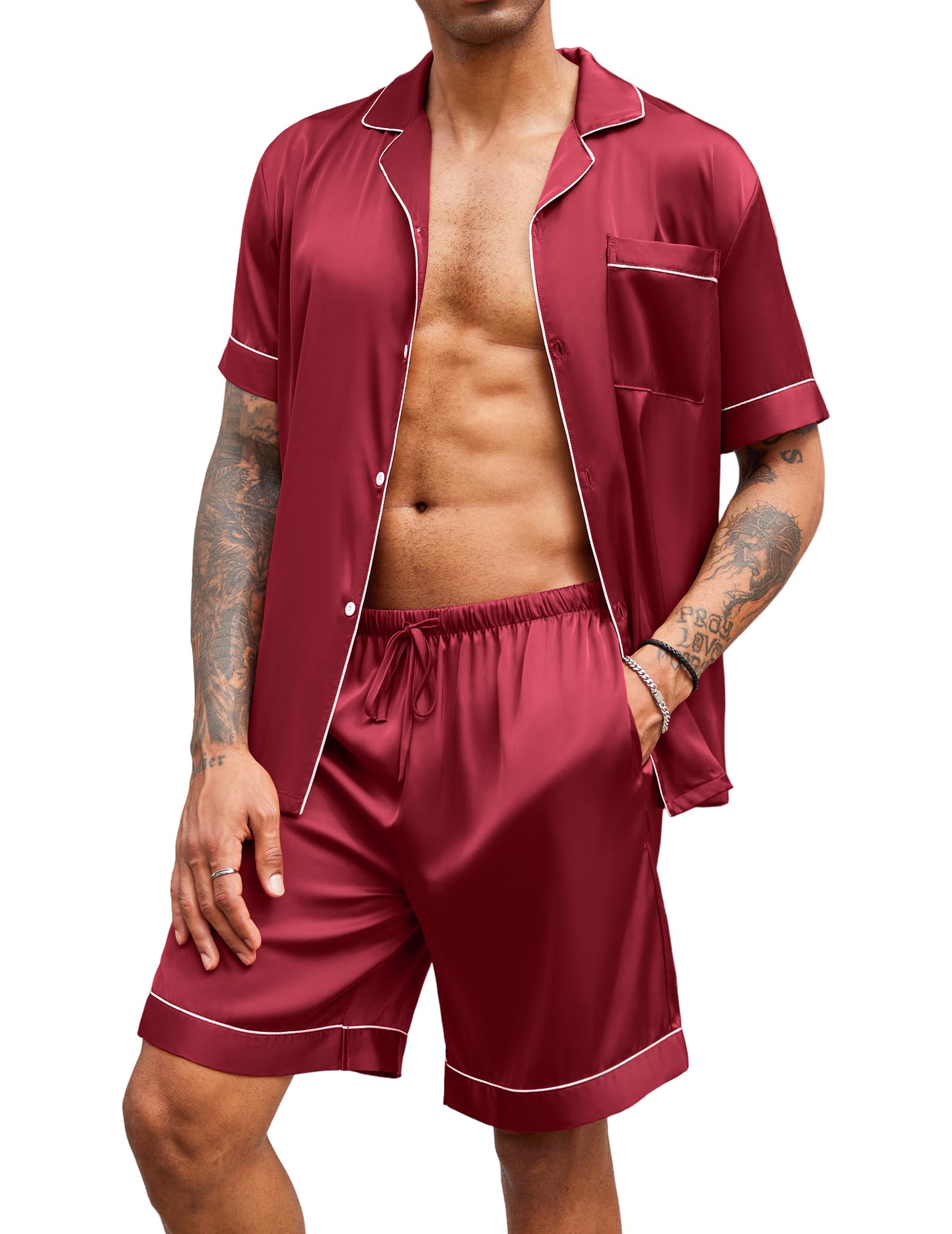Ekouaer Mens Silk Satin Pajamas Set Short Sleeve Button Down 2 Piece PJs