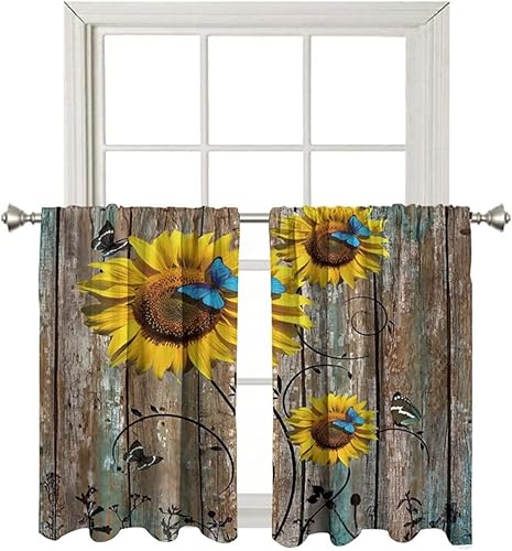 Miniatura 18 de Cortinas cortas de 24 pulgadas de largo, cortina de oscurecimiento de habitación para cocina, baño, dormitorio, estilo rústico, girasol, tela con