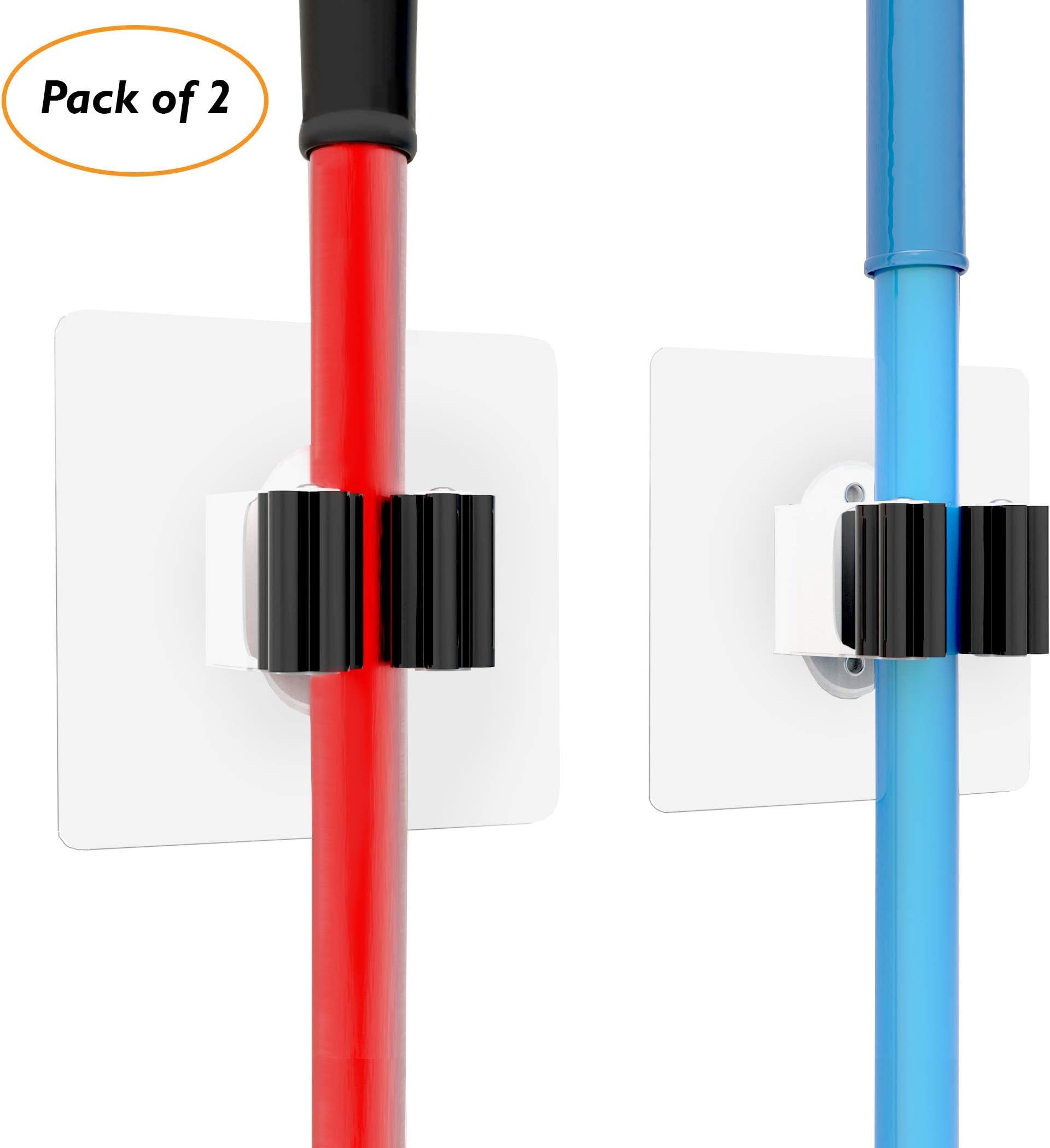 Mop Broom Holder - Carbon Steel Translucent Self Adhesive Wall Mount Gripper and Organizer for Bathroom, Kitchen, Garage, and Garden/Reusable Translucent Sticker (Pack of 2)