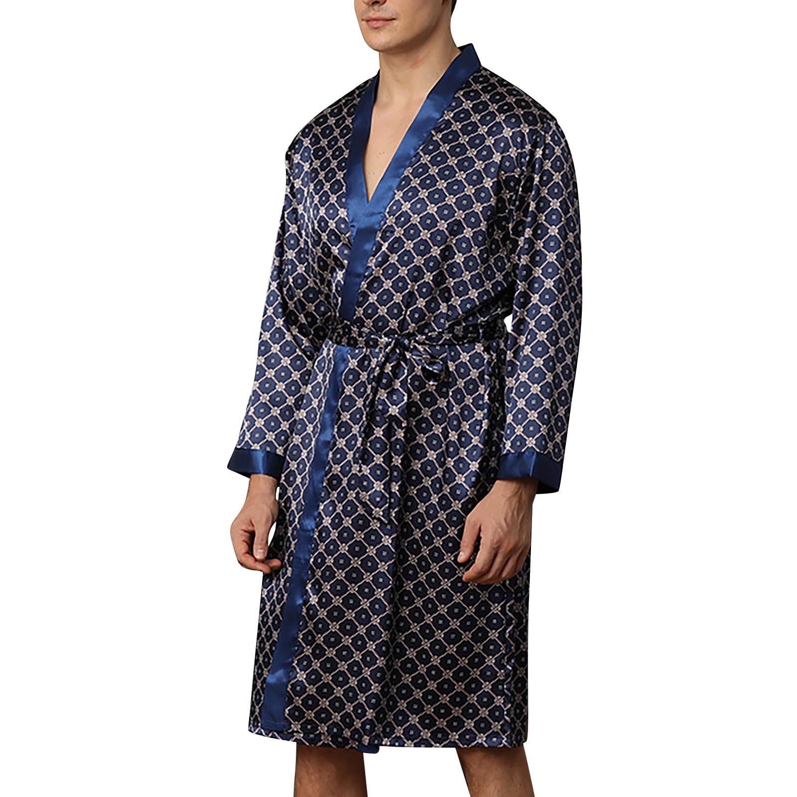 Pijama genérico para hombre de satén o seda, pijama de verano para hombre de manga larga, ropa para ocio y noche, ropa con cinturón y bolsillos, Sleepwear para sala de estar, Sleepwear de baño Baggy