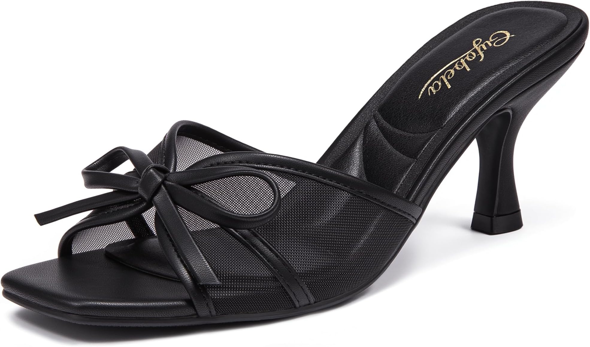 Women Kitten Heels Dress Shoes Elegant Sandals with Bow Open Toe and Mesh Upper Pumps Casual Summer Party Wedding, Black, 7.5