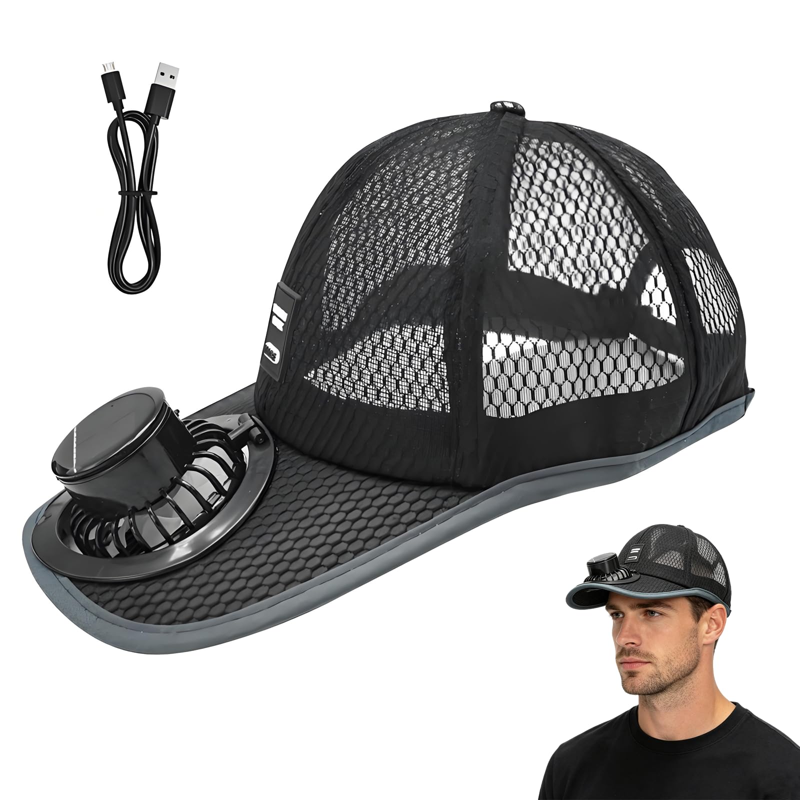 Peamoo Unisex Black Adults Mesh Baseball Cap Fishing Beach Hats With Solar Fan, Solar Rechargeable Peak Cap, Usb Breathable Sport Fan Hat With Cooling Fan, Solar Powered/Usb Charging Sunhat (Black)