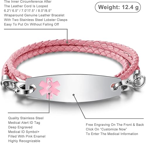 Miniatura 2 de Pulseras de alerta médica con grabado gratuito para mujeres y hombres con cuerda de cuero Rolo Pulsera de repuesto intercambiable Etiqueta de
