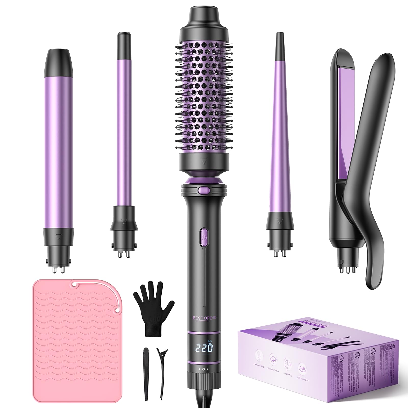 BESTOPE PRO Ferro arricciacapelli, set di ferro arricciacapelli 5 in 1 con piastra, spazzola termica, 3 ferri arricciacapelli in ceramica, 13 temperature, Lilla Aurora Boreale Viola