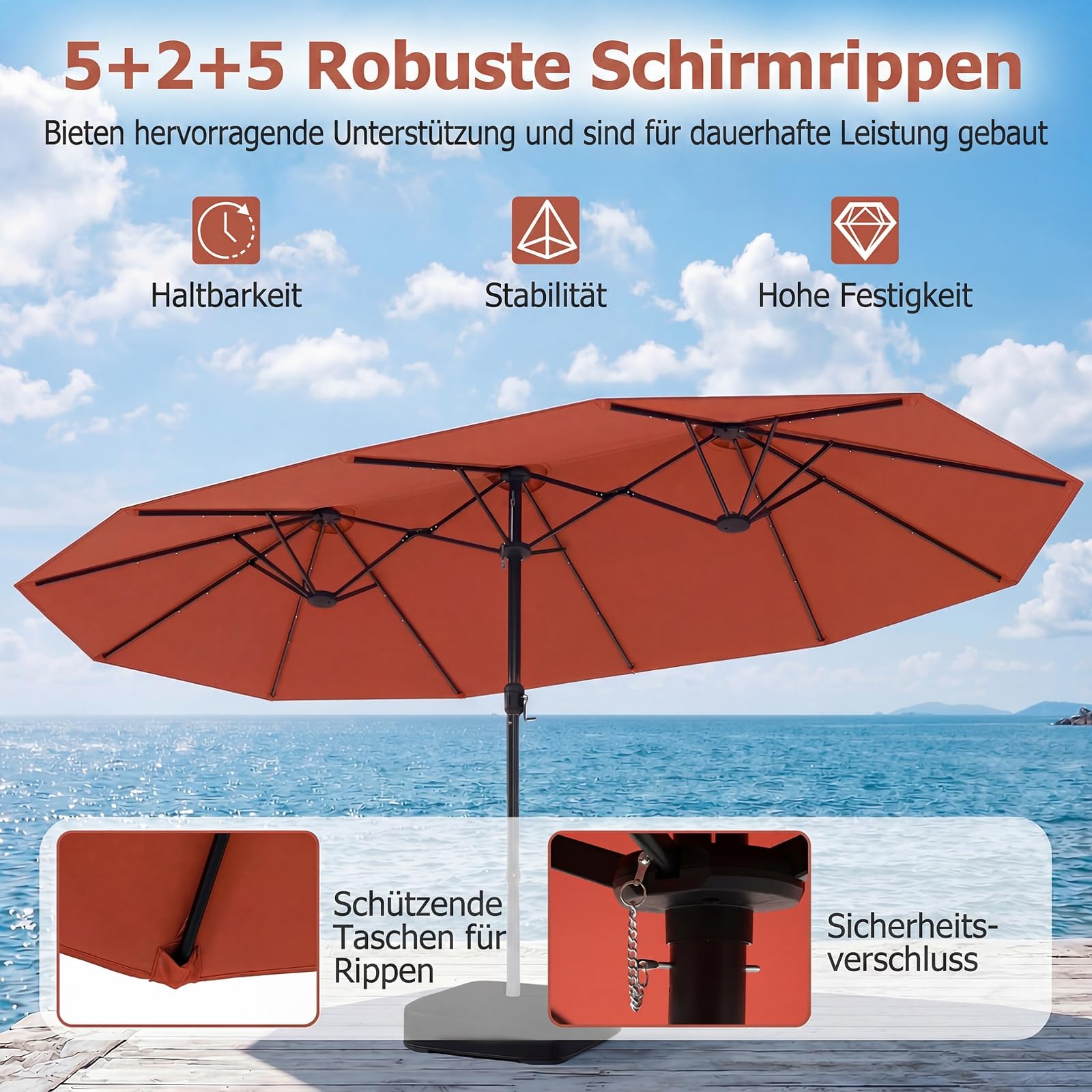 RELAX4LIFE Doppelsonnenschirm mit Ständer & LED-Solar-Beleuchtung, 450 x 260 cm, extra großer Sonnenschirm, UPF 50+, Gartenschirm mit Kurbel, Marktschirm Sonnenschutz für Garten & Terrasse (Orange)