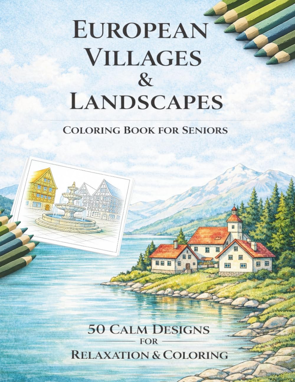 European Villages & Landscapes: A Relaxing Coloring Book for Seniors Featuring Calm Nature Scenes, Villages and Scenic Landscapes - 50 Coloring Pages