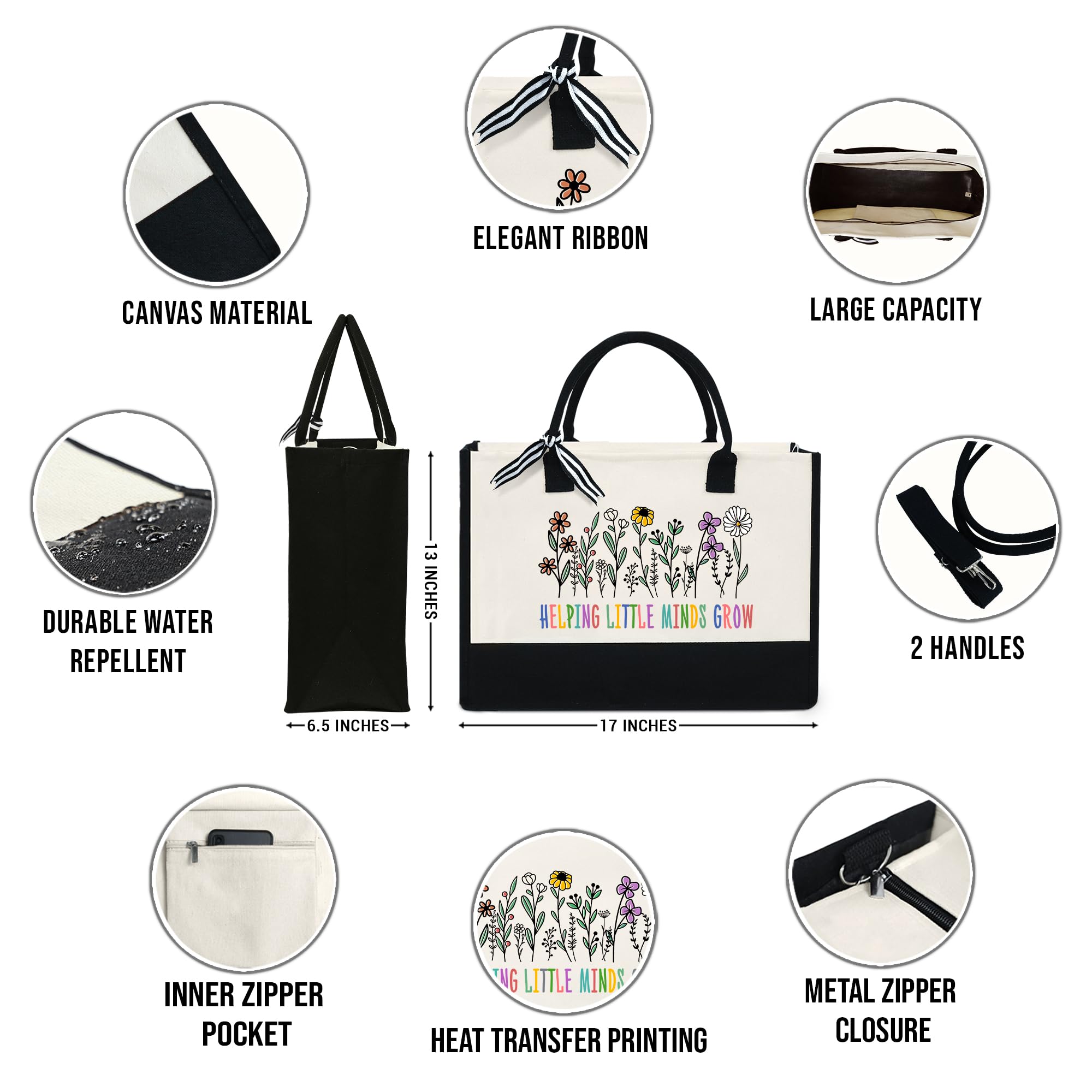 OASSIE Teacher Appreciation Gifts for Women - 13 oz Canvas Tote Bag with Zipper - Teachers Day Thank You Graduation College Back To School Birthday Gifts for Women Coworkers Employee