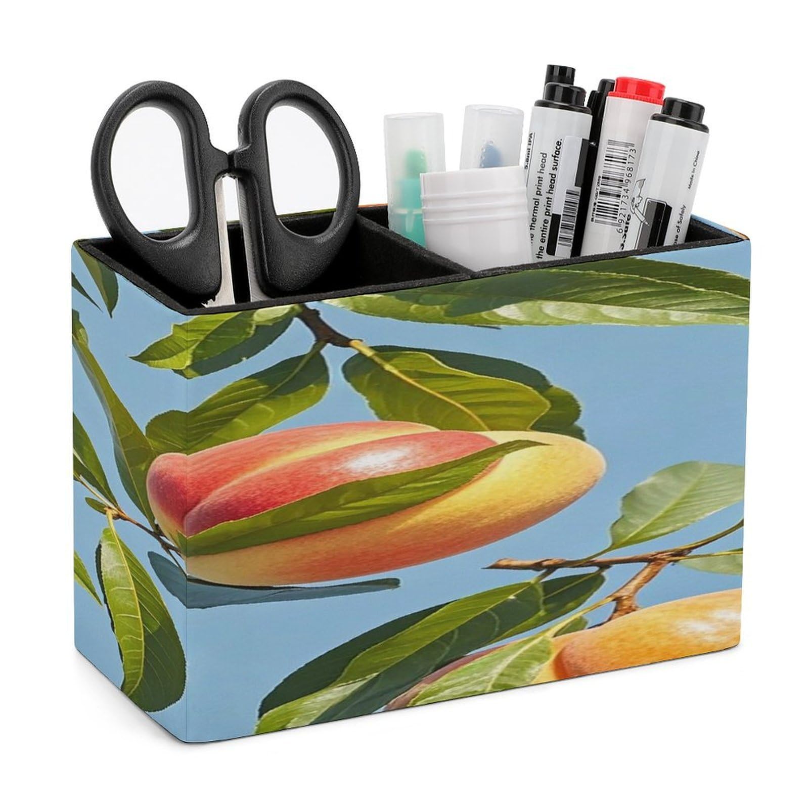LZQPOEAS With Peach Leaves Leather Pen Holder with 2 Compartments Luxury Pencil Holder Minimalist Pencil Cup Brush Scissor Holders Elegant Pen Cup for Office Home Desk Accessories
