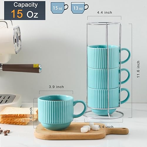 Vista 82 de Hasense Juego de 4 tazas de café de cerámica con soporte, 15 onzas, apilables, grandes, de porcelana, acanaladas, para capuchino, té, cacao