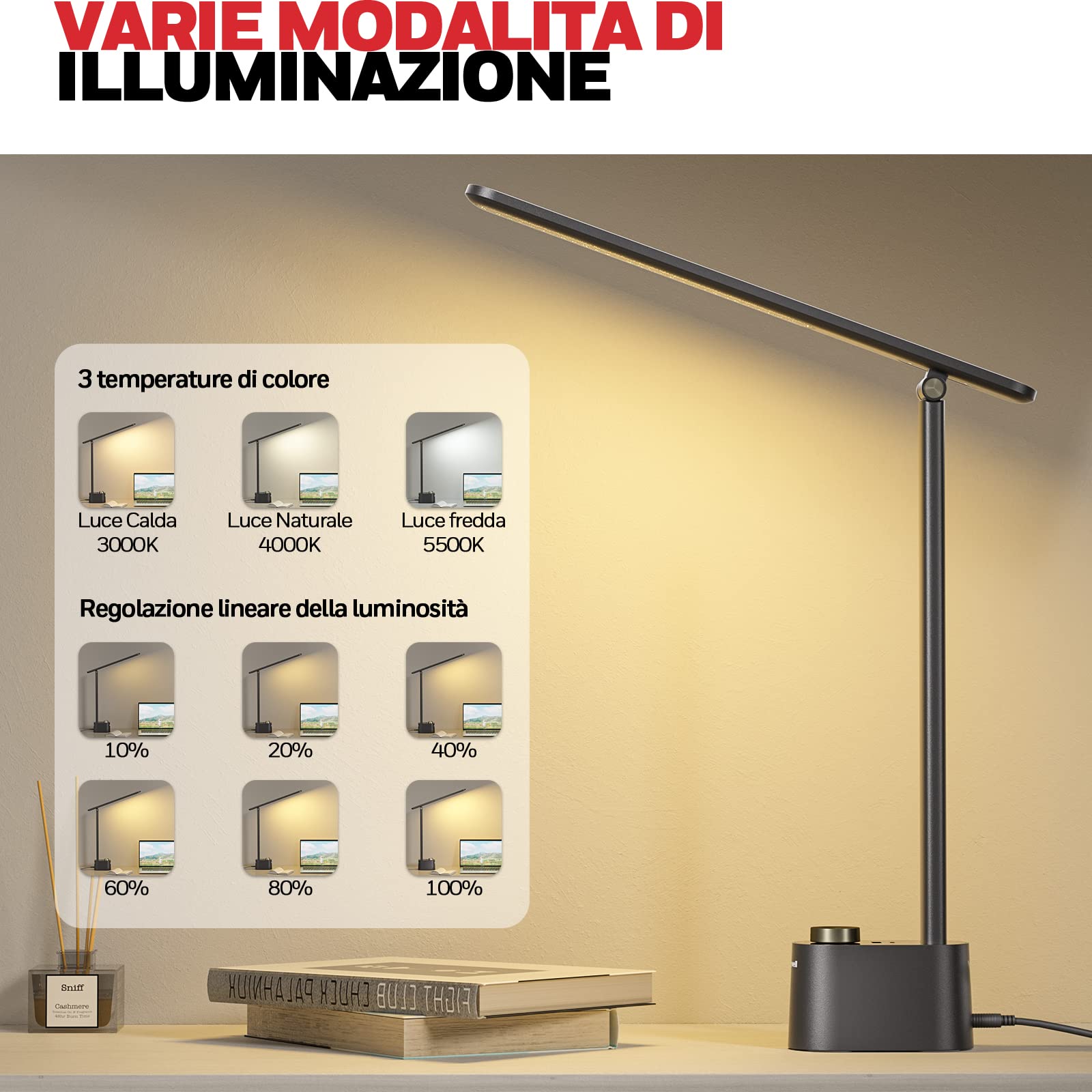 Honeywell Lampada da scrivania con porta di ricarica USB - Lampada da comodino dimmerabile per casa e ufficio, lampada da tavolo piccola pieghevole portatile per Adulti che leggono e lavorano, HWT-H01