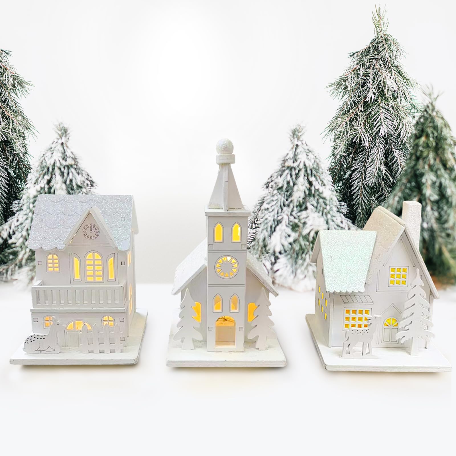 3 Piezas Pueblo Navideño Madera con LED Luz, Pueblo de Navidad Luminoso por Pilas, Navidad Decoración Casa Interior, Miniatura Pueblo de Nieve Invierno Blanco, Adornos Navideños Hogar Casitas Navideña