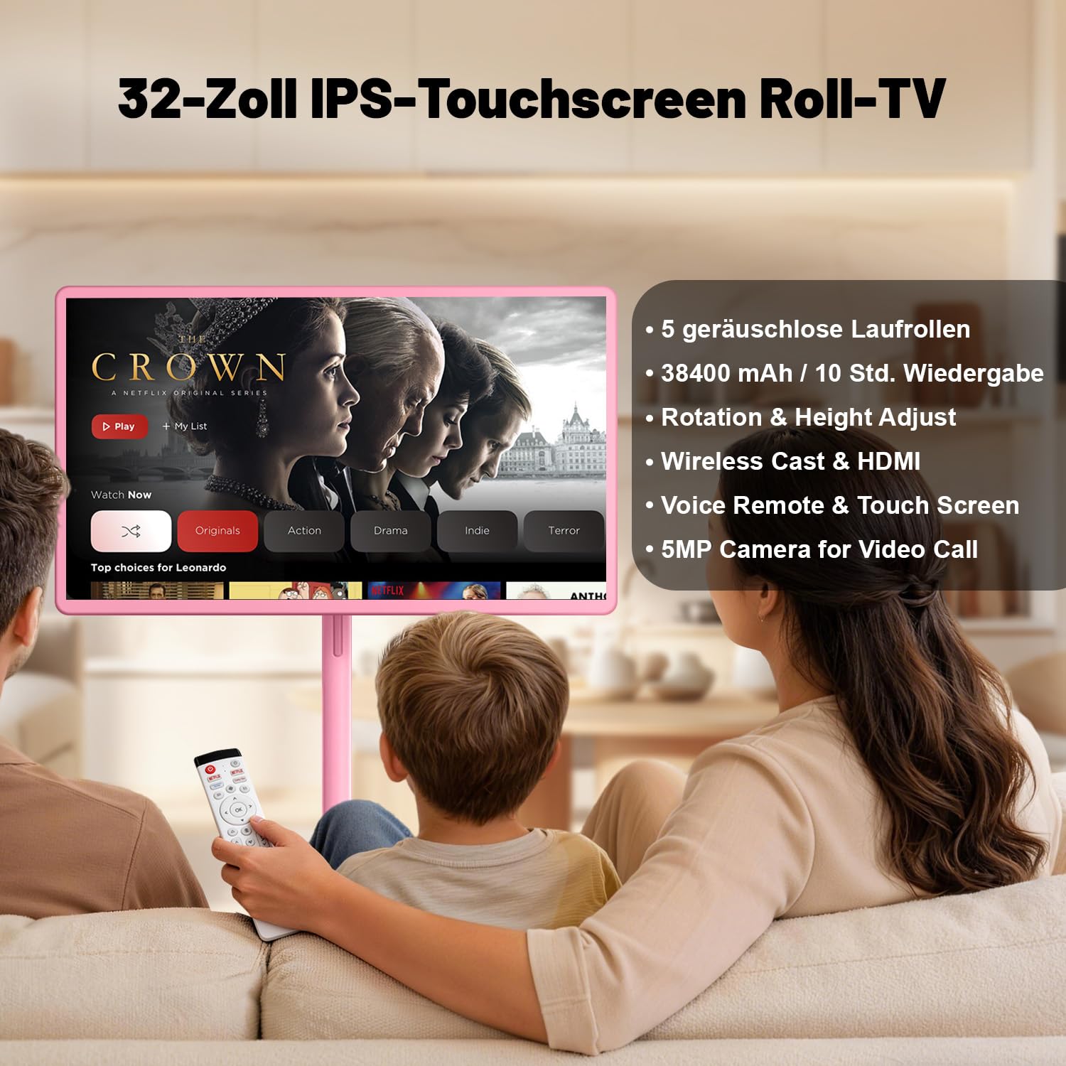 VLH 32 Zoll Portable TV, Mobiler Tragbarer Fernseher auf Rollen, Android 15, EDLA-Zertifiziert, 8G+128GB, Fahrbarer Akku TV auf Rollen mit Sprachfernbedienung, 10W Stereolautsprecher, 38.400mAh