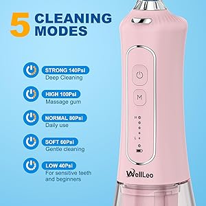 WellLeo Water Flossers for Teeth, 300ML Cordless Oral Irrigator Rechargeable Dental Flosser Picks with 5 Modes 5 Jet Tips,IPX7 Waterproof Teeth Cleaner for Braces Gum Care, Home Travel Use