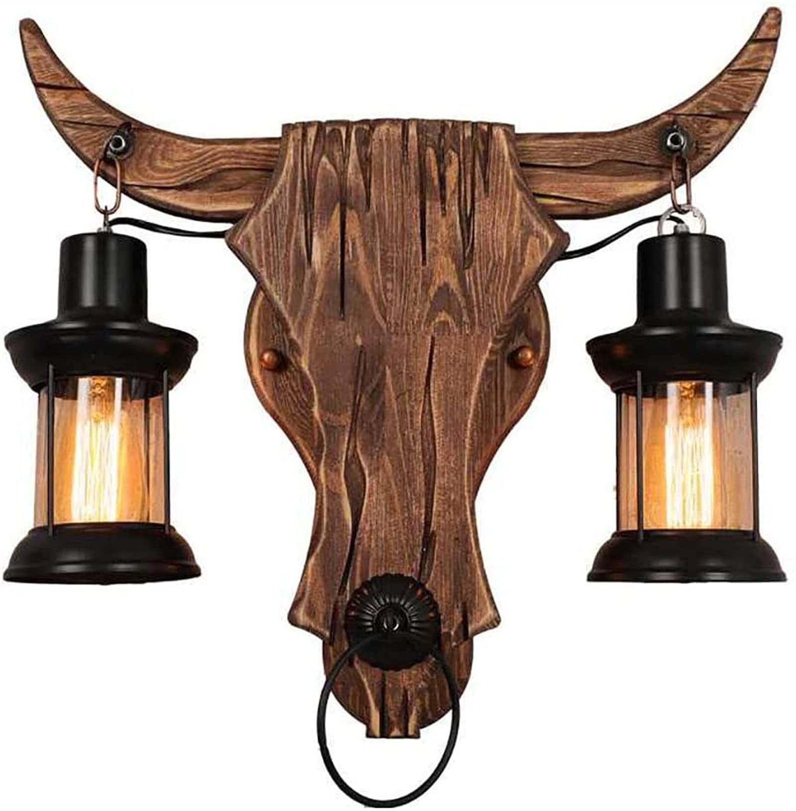 Wooden Creative Bull Head Wall Sconce Light, E27 Double-Head Wall Mount Lamp, Restaurant Bar Loft Lighting Decoration