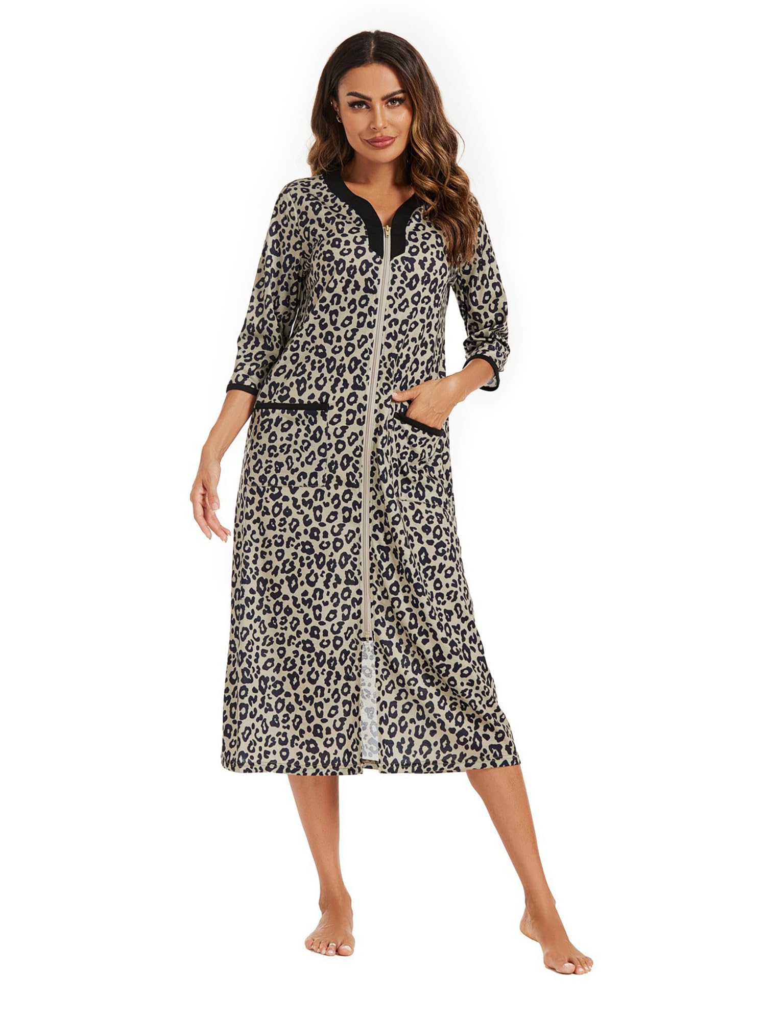 Verve Jelly Bata de baño con cremallera para mujer, manga 3/4, estampado floral, ligera, con bolsillos, ropa de descanso para mujer