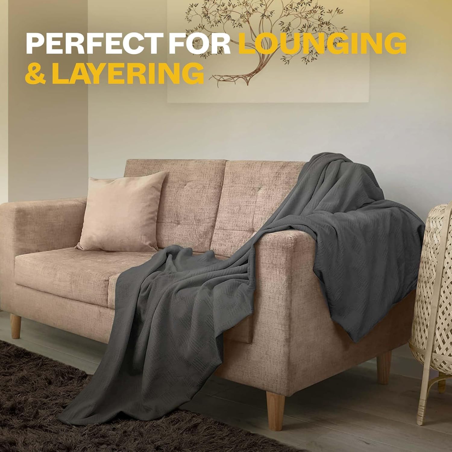 Avalon Bedding 100% Cotton Blankets Queen Size Thermal Blanket (90"x90") - Perfect Cotton Blanket Queen Size for Layering Bed in Any Season - Cotton Blankets for Bed (Grey)