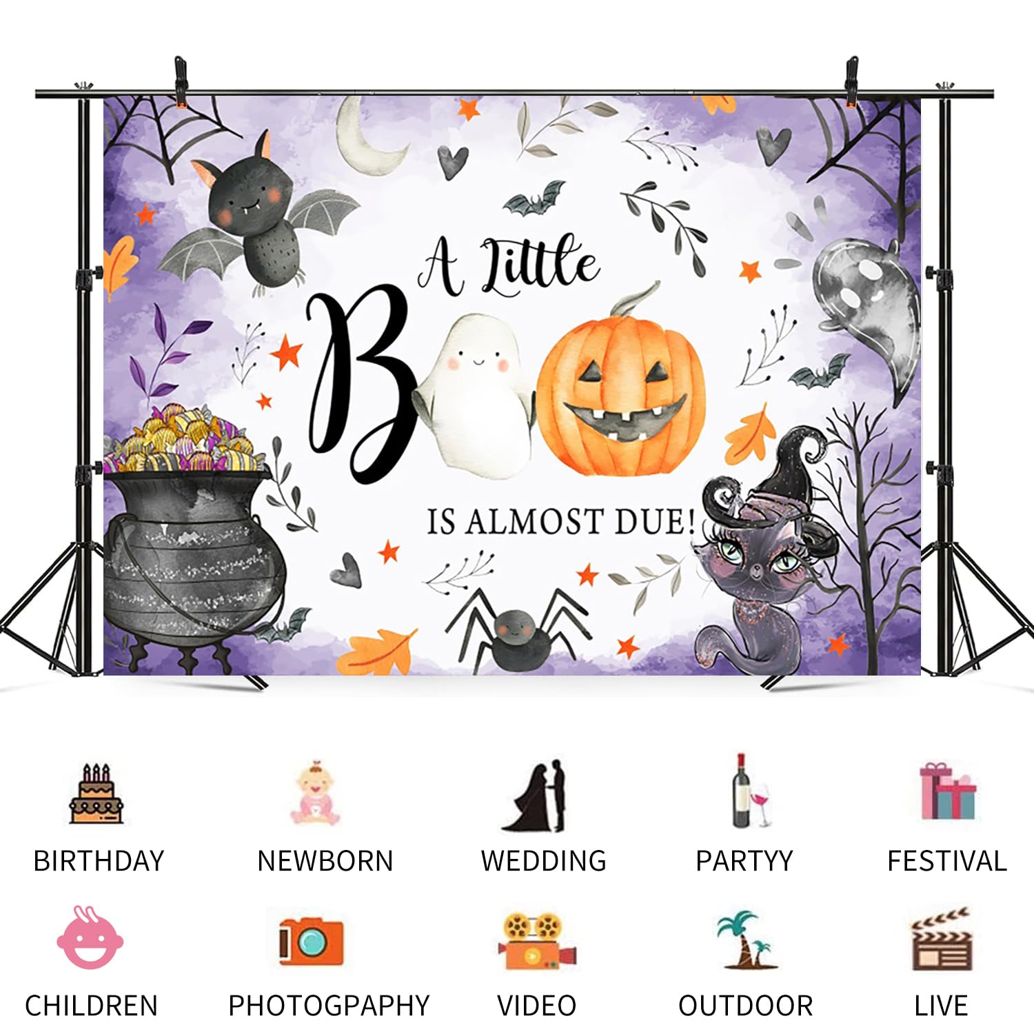 Halloween Baby Shower Backdrop - 'A Little Boo Is Almost Due' 7x5ft Photo Background