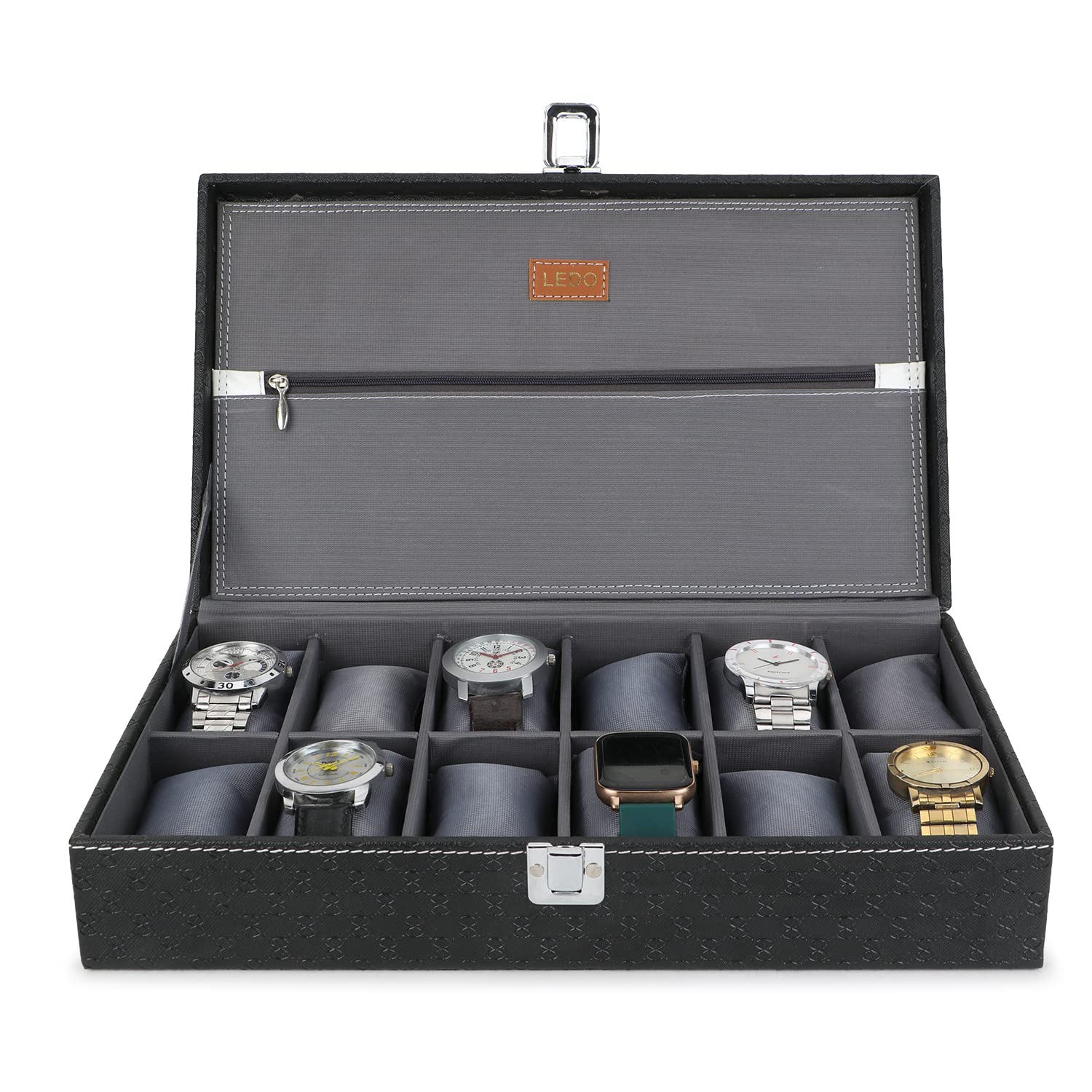 LEDO Mens and Womens Watch Box Holder Organizer Case In 12 Slots of watches In PU Leather with Royal Black & Gray Color with Chain Pocket (B0C41974T5) Amazon Price History, Amazon Price Tracker