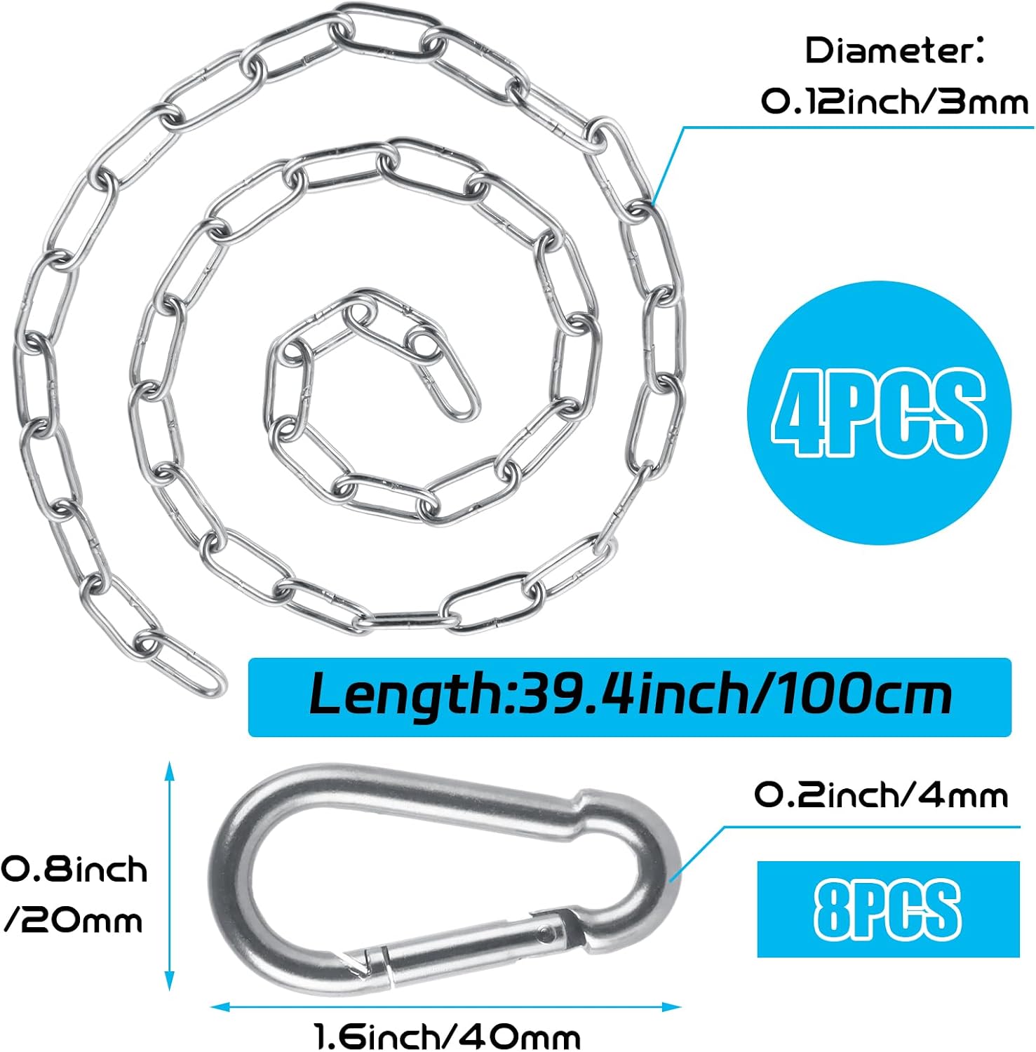 4PCS 39" (3.3 ft) Hanging Chair Chain Kit with 8 Carabiners, 440LB Capacity Stainless Steel Swing Chair Chain, Heavy Duty Porch Swing Hammock Chain for Hammock, Rope, Tire, Tree Swings