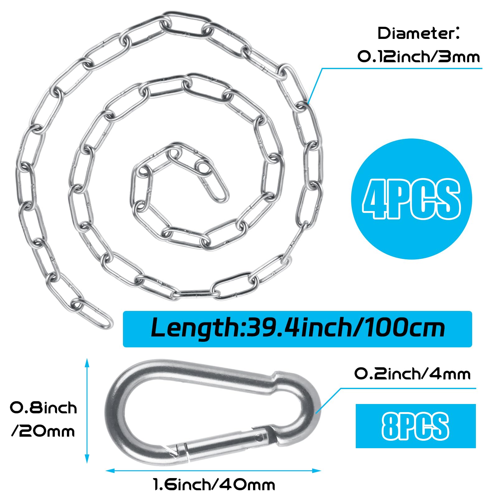 Kit di 4 catene per sedie sospese da 99 cm con 8 moschettoni, capacità di 199,6 kg, catena per sedia a dondolo in acciaio inox, resistente, per amaca, corda, pneumatici, altalene per alberi