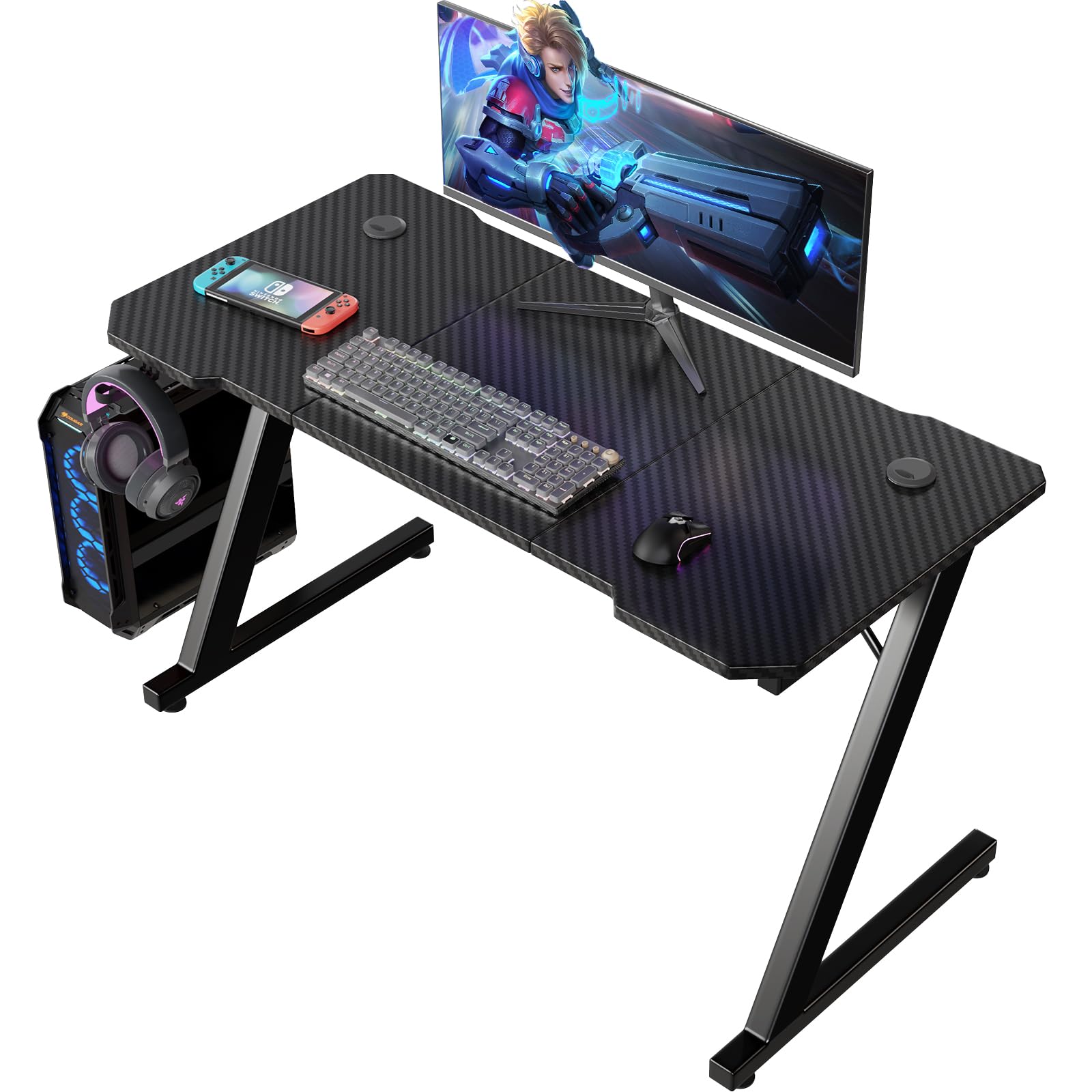 Mesa Gaming 120 x 60 cm, Escritorio Gaming en Forma de Z Ergonómica, Mesa Gamer de Fibra de Carbono, Mesa para Ordenador con Gancho para Auriculares, Negro
