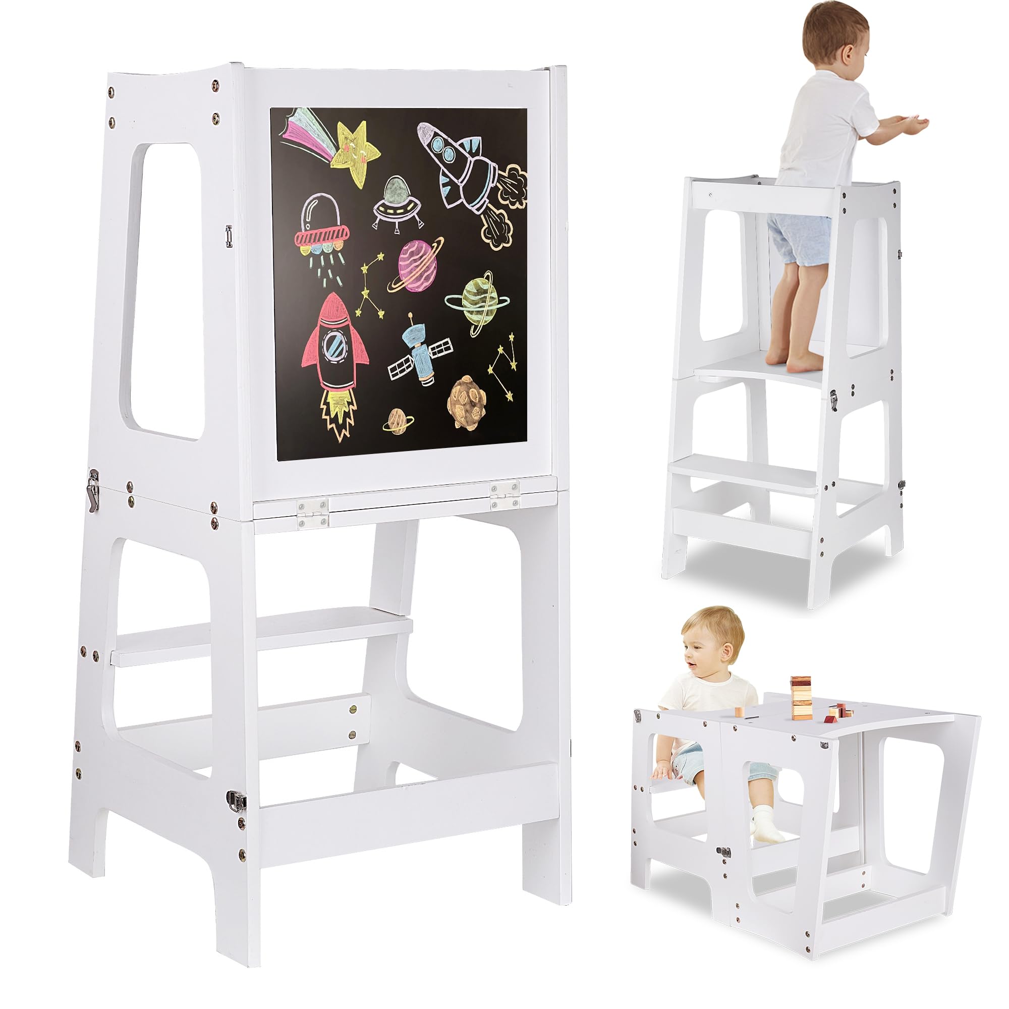 Lernturm ab 1 Jahr, Klappbarer Learning Tower mit Tafel & Stifte-Set | 3 in 1 Learning Tower für Kinder, 50kg Belastbar Trittschemel, Multifunktion Montessori Entdeckerturm für Küche & Bad