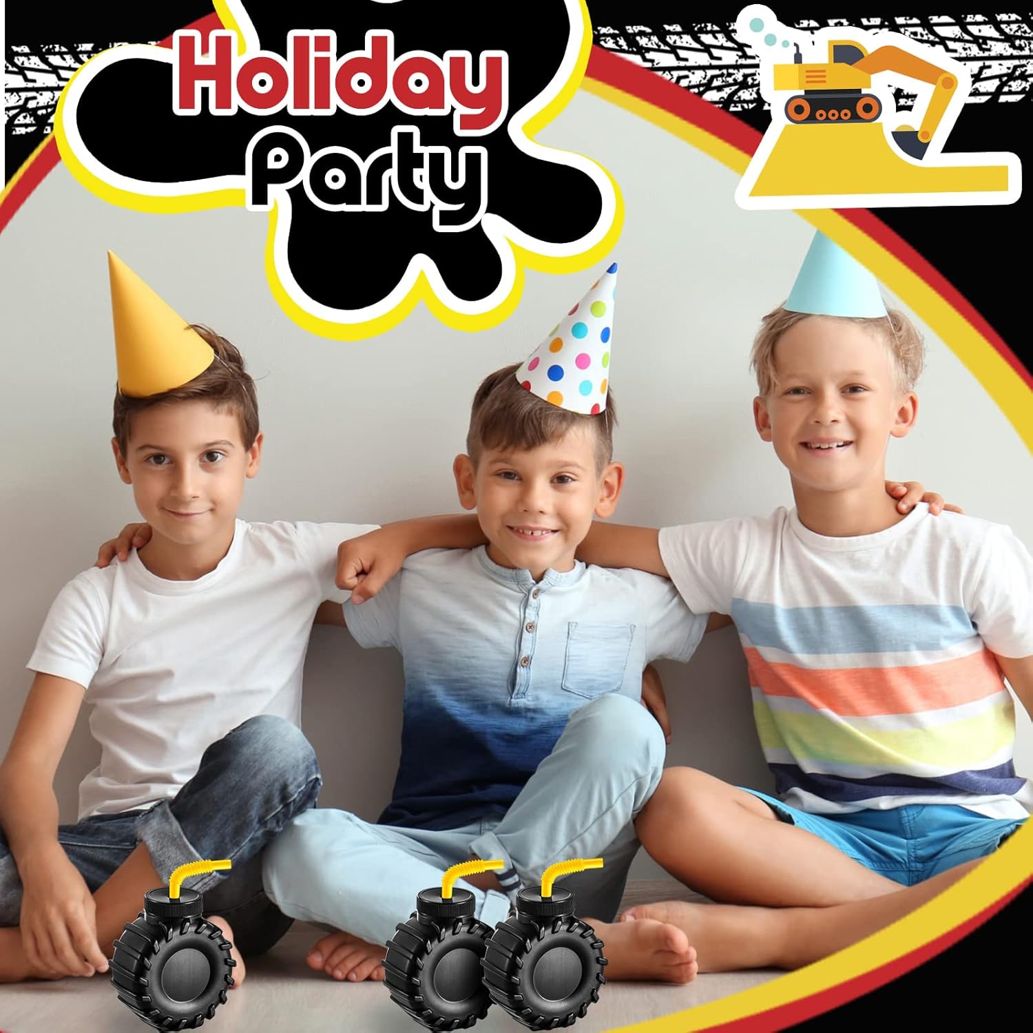 Amyhill 24 Pieces 12 oz Construction Monster Truck Shaped Cups Set Party Favors Truck Construction Cups with Orange Straw Birthday Halloween Christmas Supplies Decoration Plastic for Kids Party