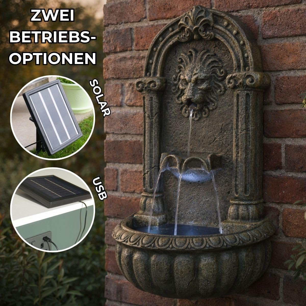 Festive Lights Fontaine solaire à LED - 55 cm - Tête de lion italienne - Solaire et USB - Fontaine de jardin pour l'intérieur et l'extérieur - Jeu d'eau de jardin