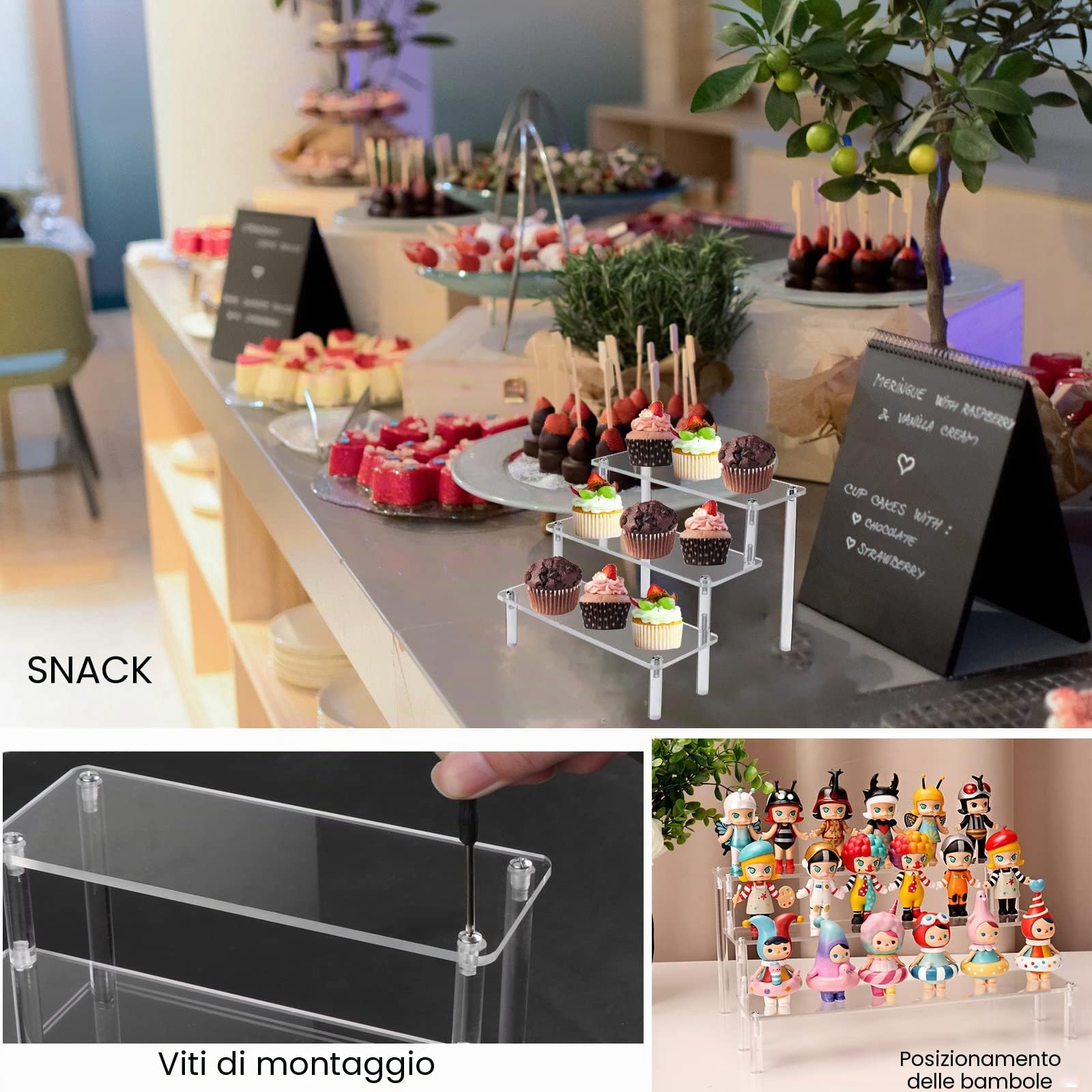 Espositore Acrilico Trasparente Alzate di Display Acrilico 3 Strati Alzata | per Cupcake per Torte Trucco Profumi Oggetti da Collezione Rossetto, Unghie, Condimento(30*20*15 CM)