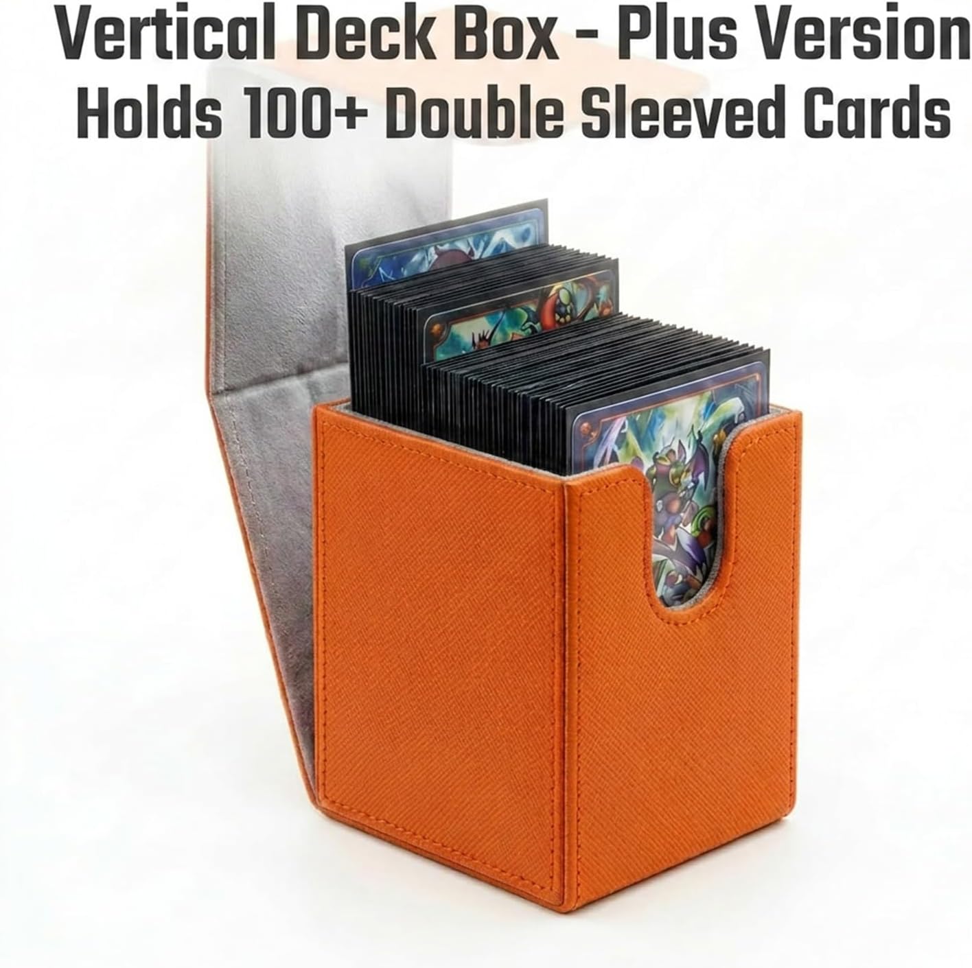 Dmoicols Vertical Deck Box Plus Version, Large Trading Card Case Fits 100+ Double Sleeved Cards, Premium Saffiano Leather TCG Storage for MTG Commander, Pokémon, TCG, CCG, Magnetic Closure-Orange