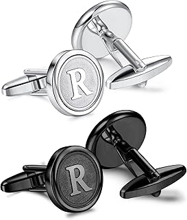 Cufflinks for Men Engraved Initials Cufflinks Silver Black Set Stainless Steel Tuxedo Shirt Cuff Links Letter Alphabet A-Z Gift with Box for Wedding,Dad,Groom,Groommen,Husband
