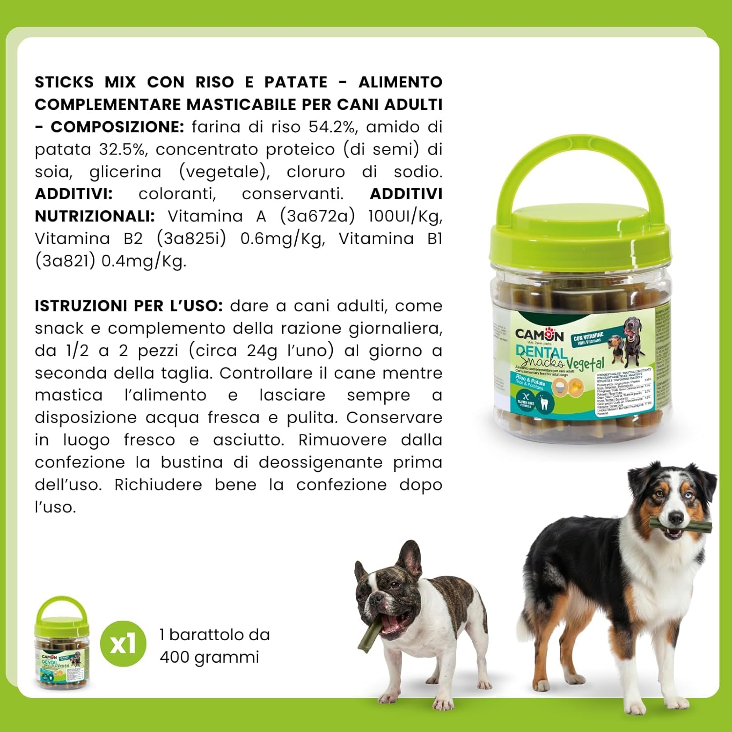 SET OFFERTA 3 Confezioni Dental Snack Vegetal (Totale 1.2kg) - Snack Cani Senza Glutine Riso e Patate - Bastoncini 8 cm per Pulizia Denti e Rimozione Tartaro - Alimento Complementare con Vitamine
