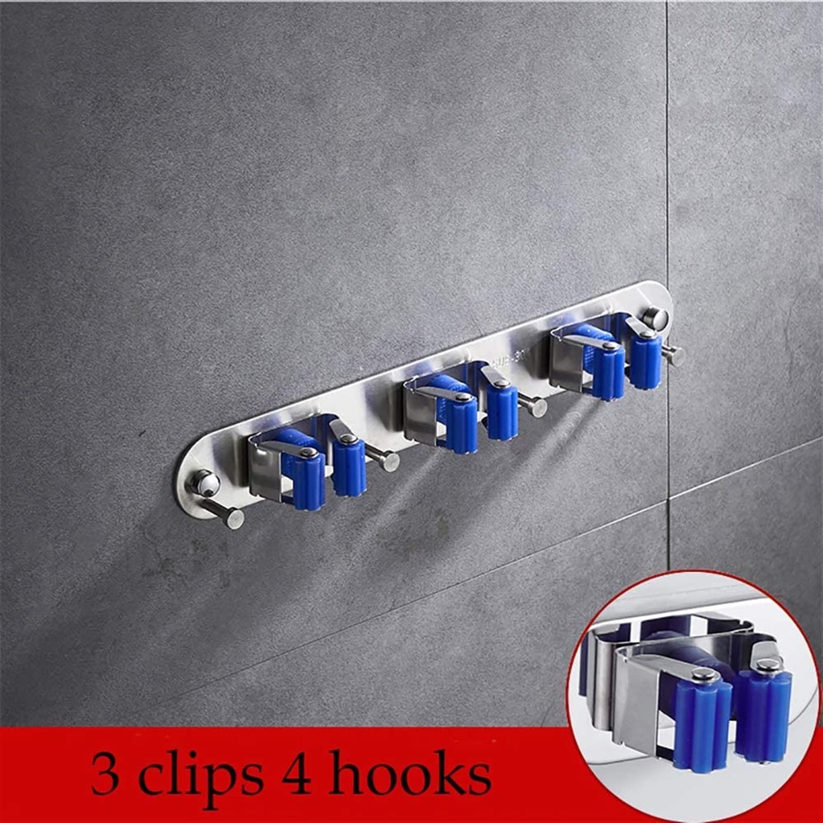 Mopphalter, Besengreifer, wandmontierter Organizer, Mopp-Clip, Besenhalter, Wandhalterung, Edelstahl, Mopp-Besen-Clips ohne Spuren, spurloses Stanzen, Wandmontage, multifunktionales Aufbewahrungsregal
