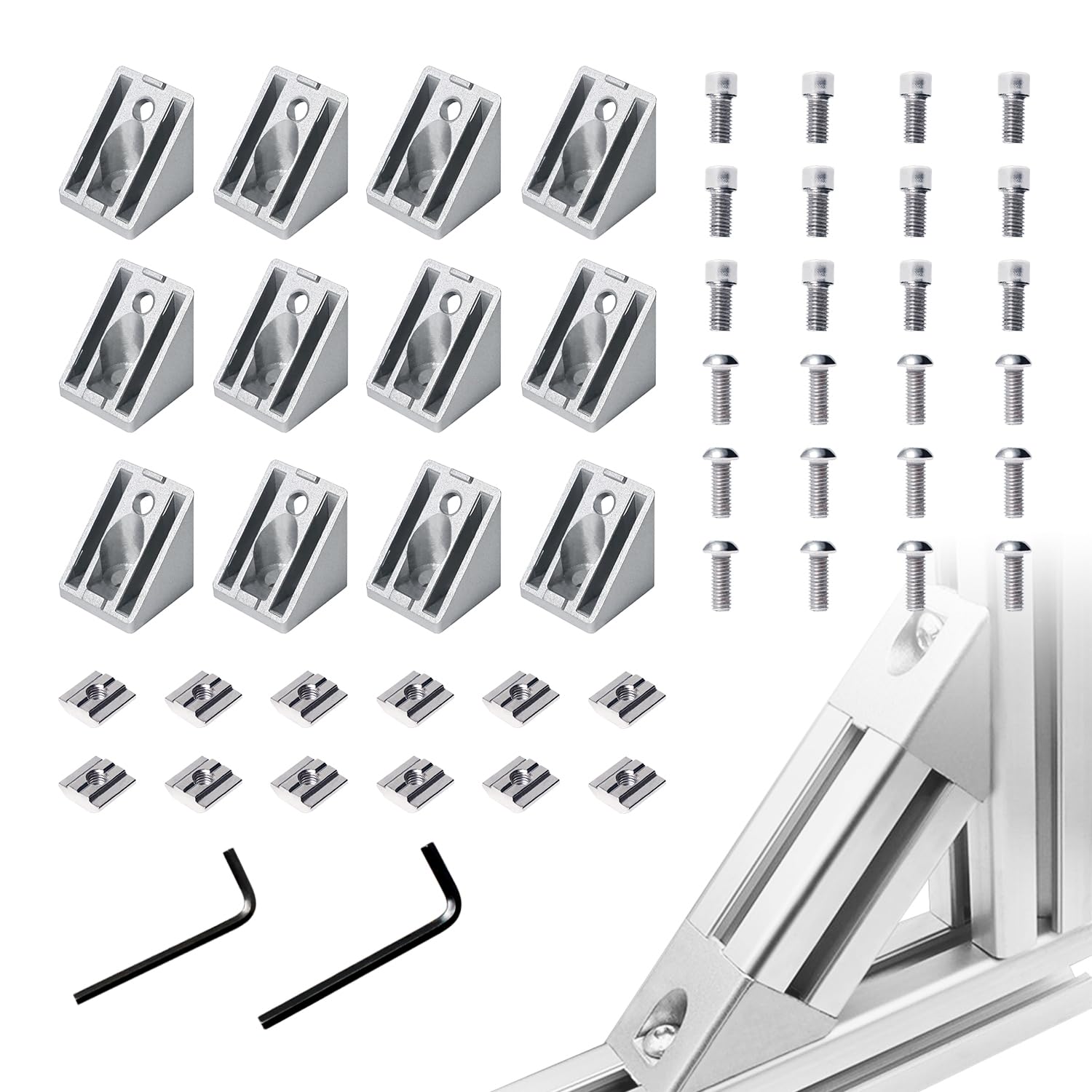 12pcs 3030 45 Degree Inside Corner Angle Support Bracket, 30x30 Aluminum Extrusion Connector Hardware Accessories T-Slot V-Slot Silver