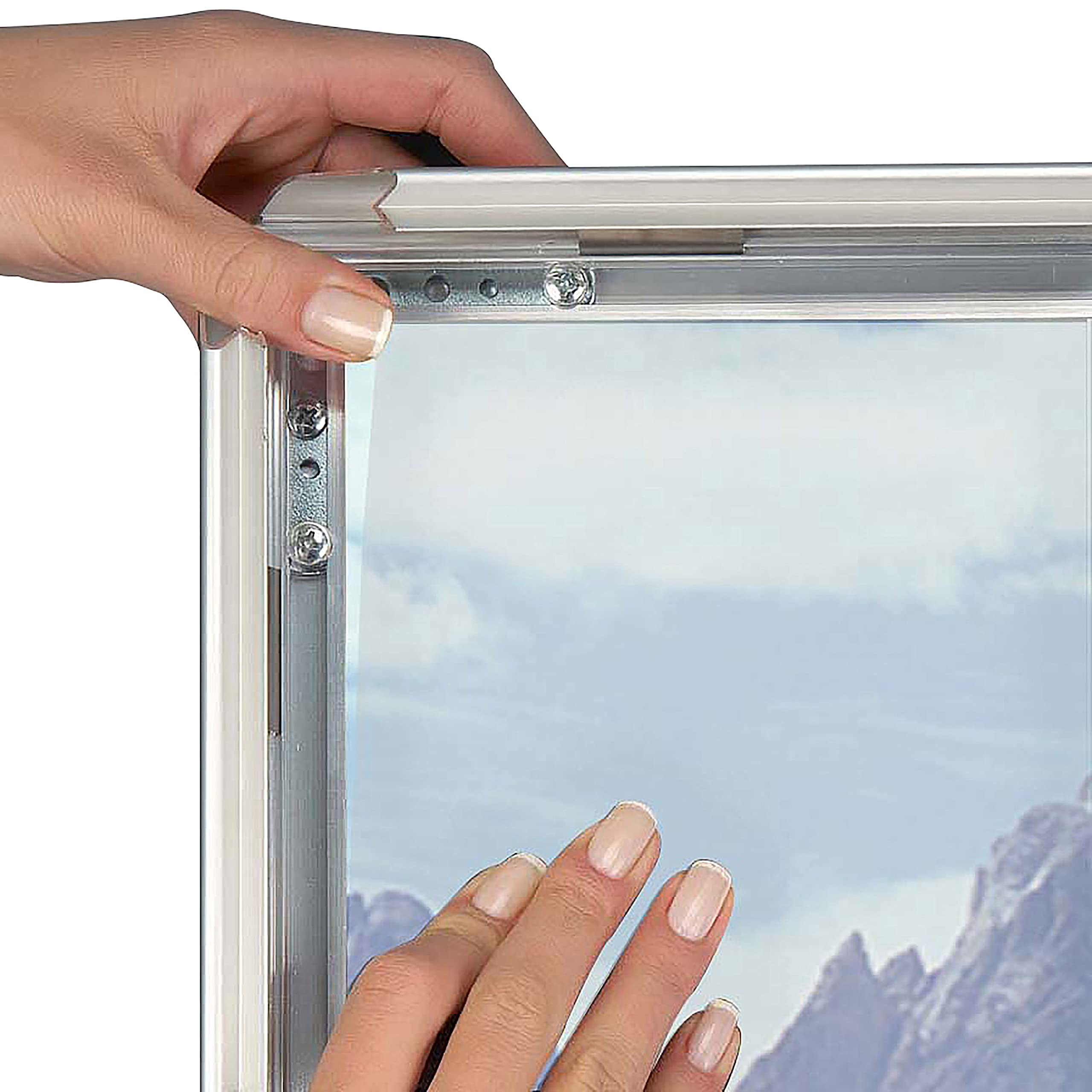 M&T Displays Marco de póster plateado de 1.25 pulgadas, perfil de aluminio de carga frontal, montaje en pared, fotos, documentos, certificados, soporte para carteles, esquinas ingletadas, cubierta