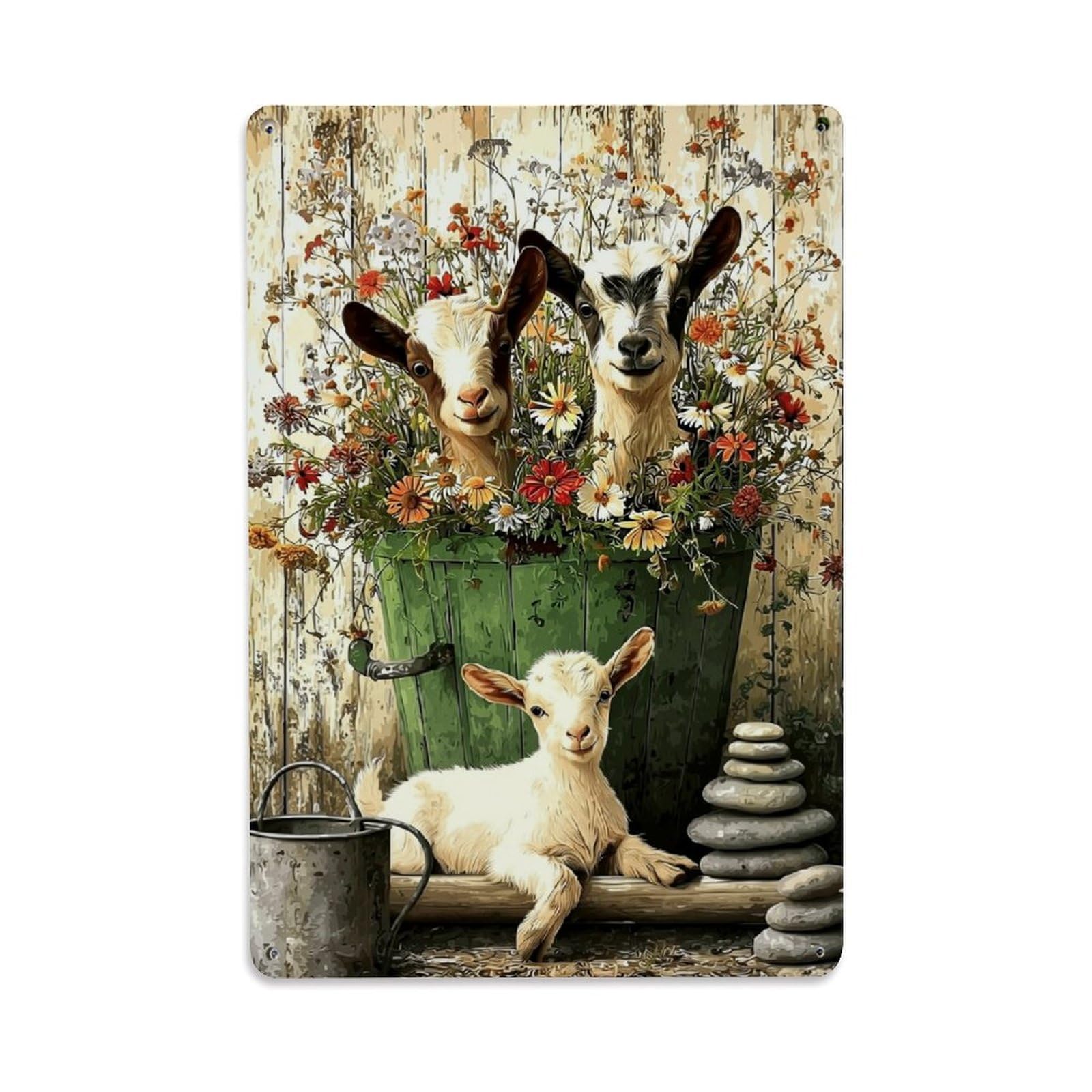 Nestemfo Vintage Goats In Flower Bucket Print Tin Sign Metal Sign, Living Room,Bar, Home, Bedroom Wall Decor,Retro Metal Poster 8X12 Inches