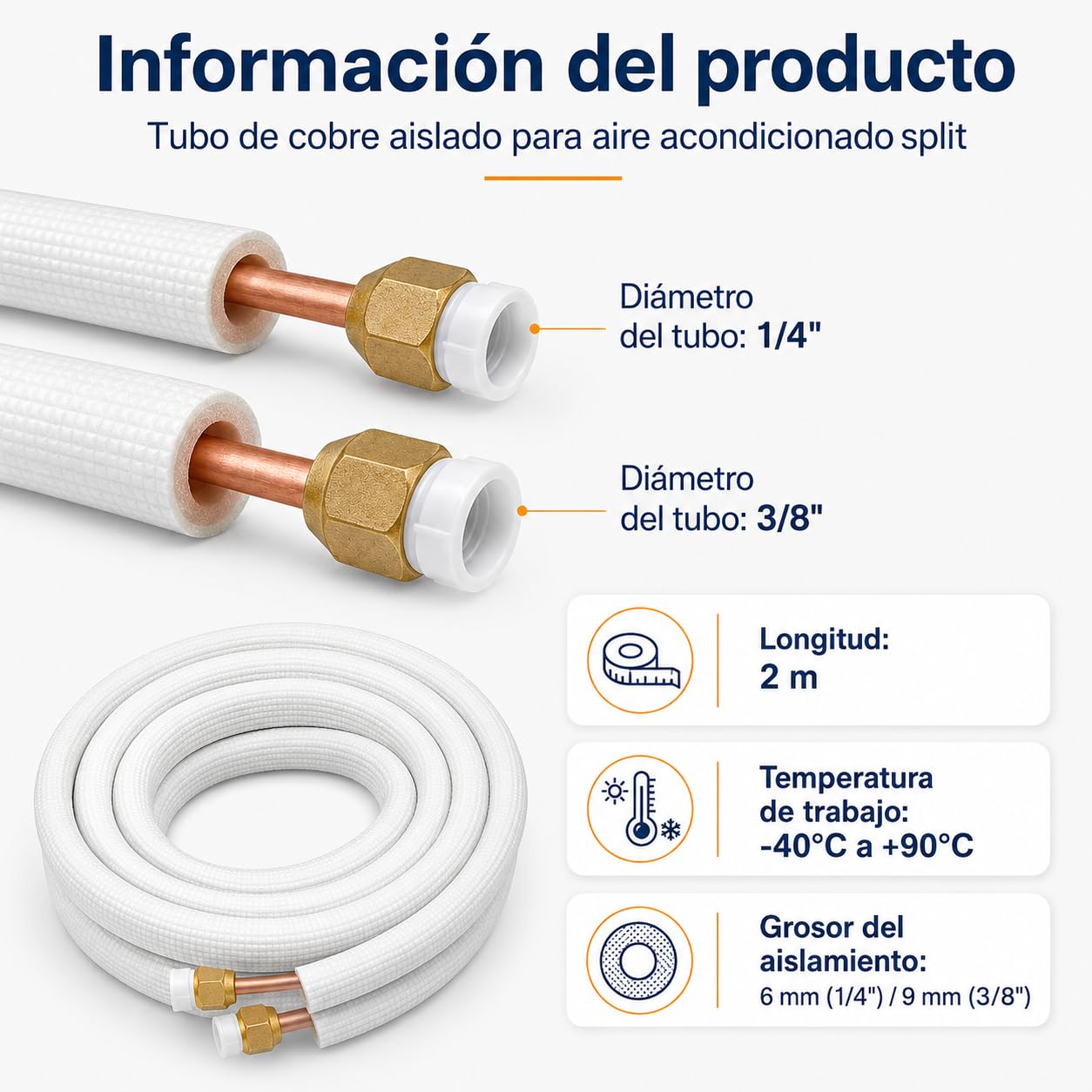 Kit de Tubería de Cobre Aislada para Aire Acondicionado Split, 1/4" y 3/8", Compatible con R32, R410A y R407C, Tubo Frigorífico con Tuercas (300, Centímetros)