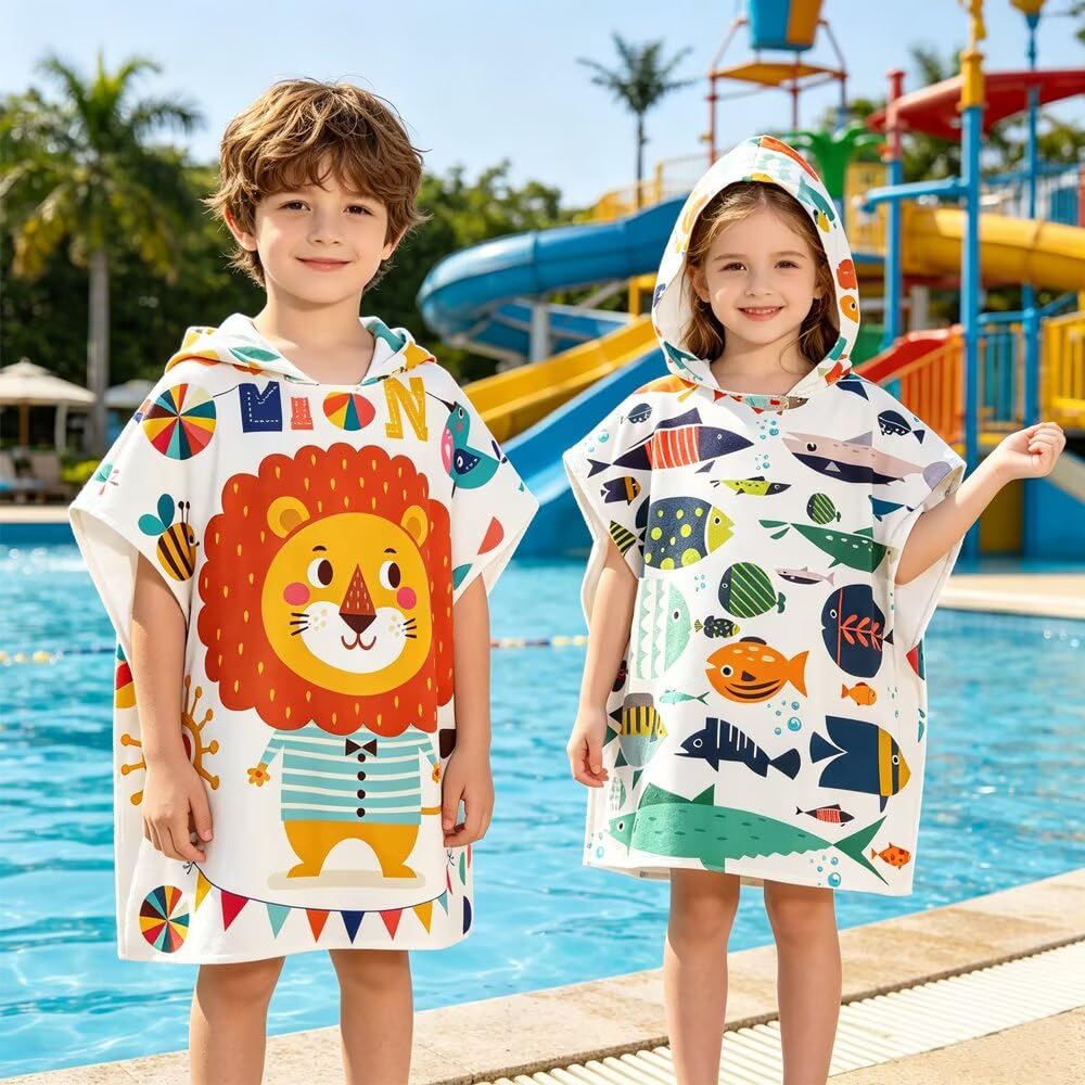 dubuto Kids Beach Towels with Hood for 3-10 Years Hooded Toddler Boys Girls Bath Towel Poncho Absorbent Quick Dry Soft Microfiber Swim Robe Lightweight 25"x33" for Beach Pool