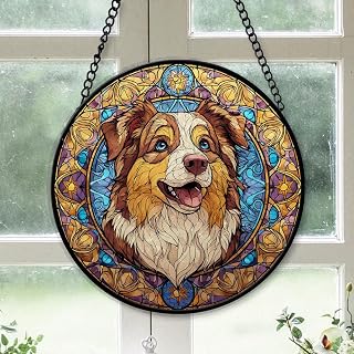 Mini Australian Shepherd Stained Glass Suncatcher Window Hanging, Christmas 2025 Gift, Colorful Glass Art Decor for Home, Gift for Family, Friends, Men & Women Hl2nuq